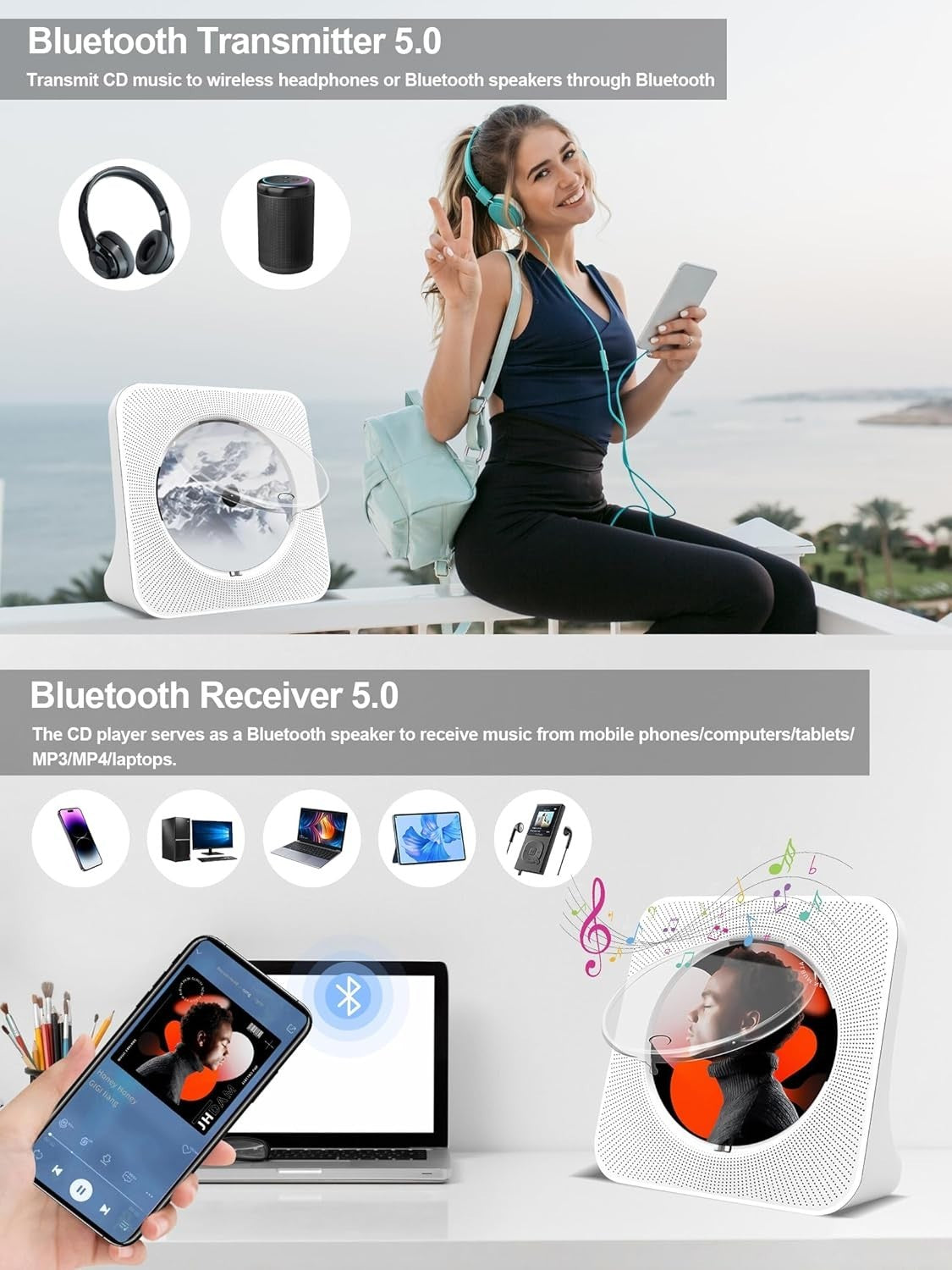Portable CD Player Bluetooth Speakers FM Radio USB LCD Remote Home Audio