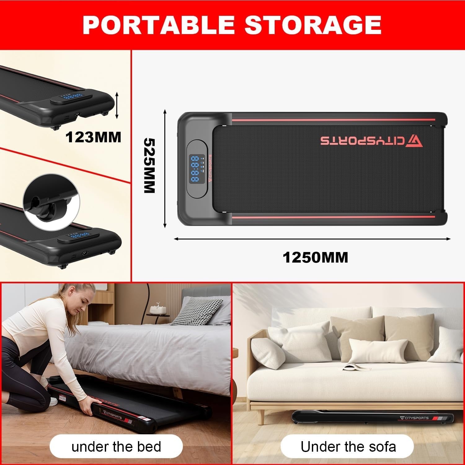 Under Desk Walking Pad 1–6km/h Quiet Portable Treadmill w/ LED Display (Red)