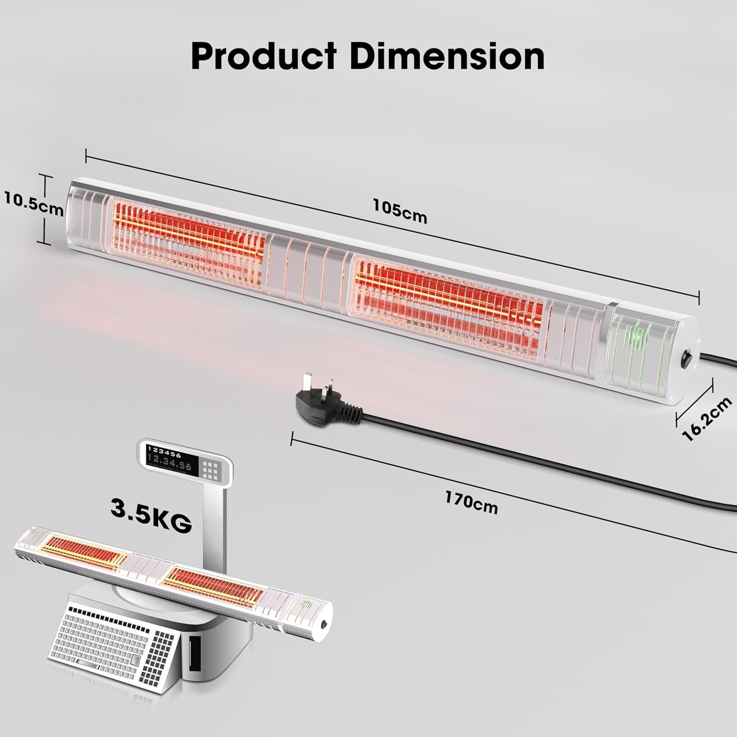 3000W Wall Mounted Outdoor Electric Patio Heater 3 Heat Levels IP65 Waterproof