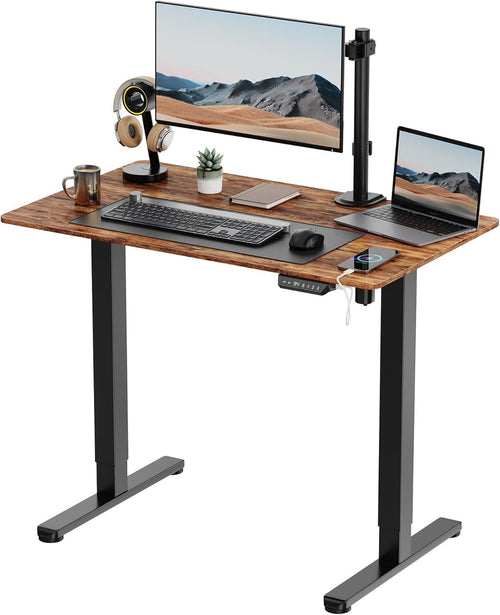 Rustic 100x60cm Electric Standing Desk with USB-C & Memory Control Panel