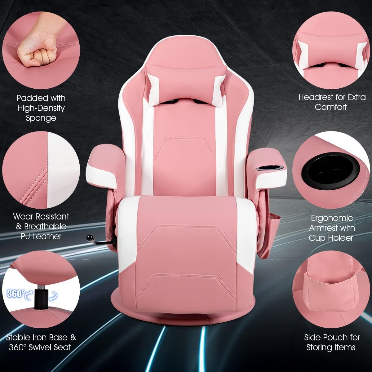 Massage Gaming Chair Recliner w/ Footrest Cup Holder Pink PU