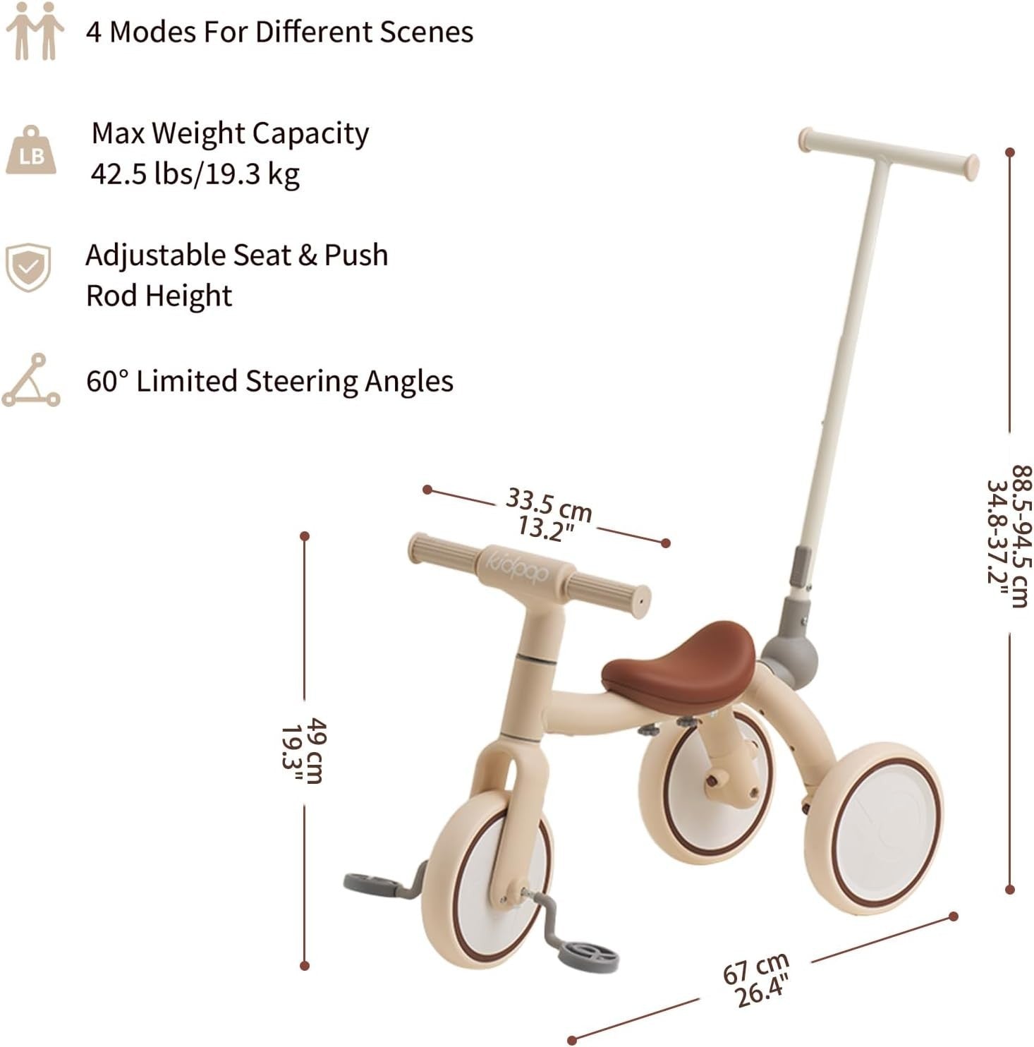 4 in 1 Kids Trike Balance Bike Scooter Push Trike EVA Wheels Beige