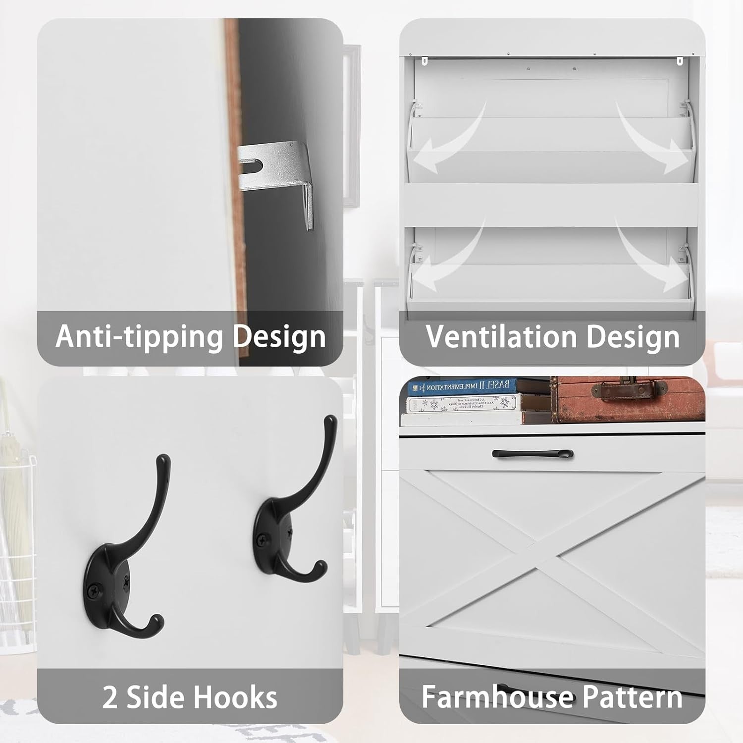 Slim White Two-Flip Door Shoe Cabinet – Space-Saving, Anti-Tip Design
