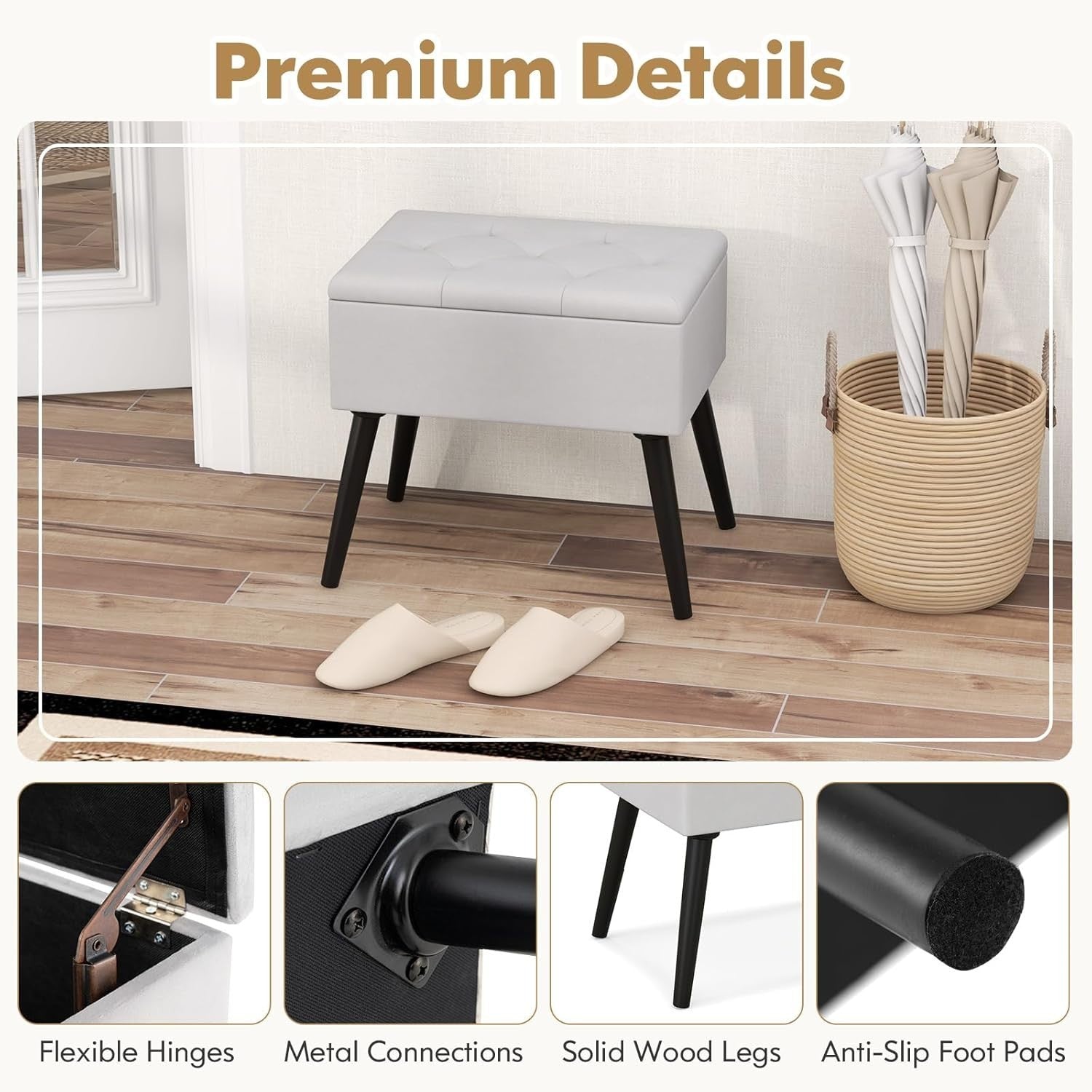 Grey Velvet Flip-Top Storage Footstool Ottoman Vanity Stool with Wood Legs
