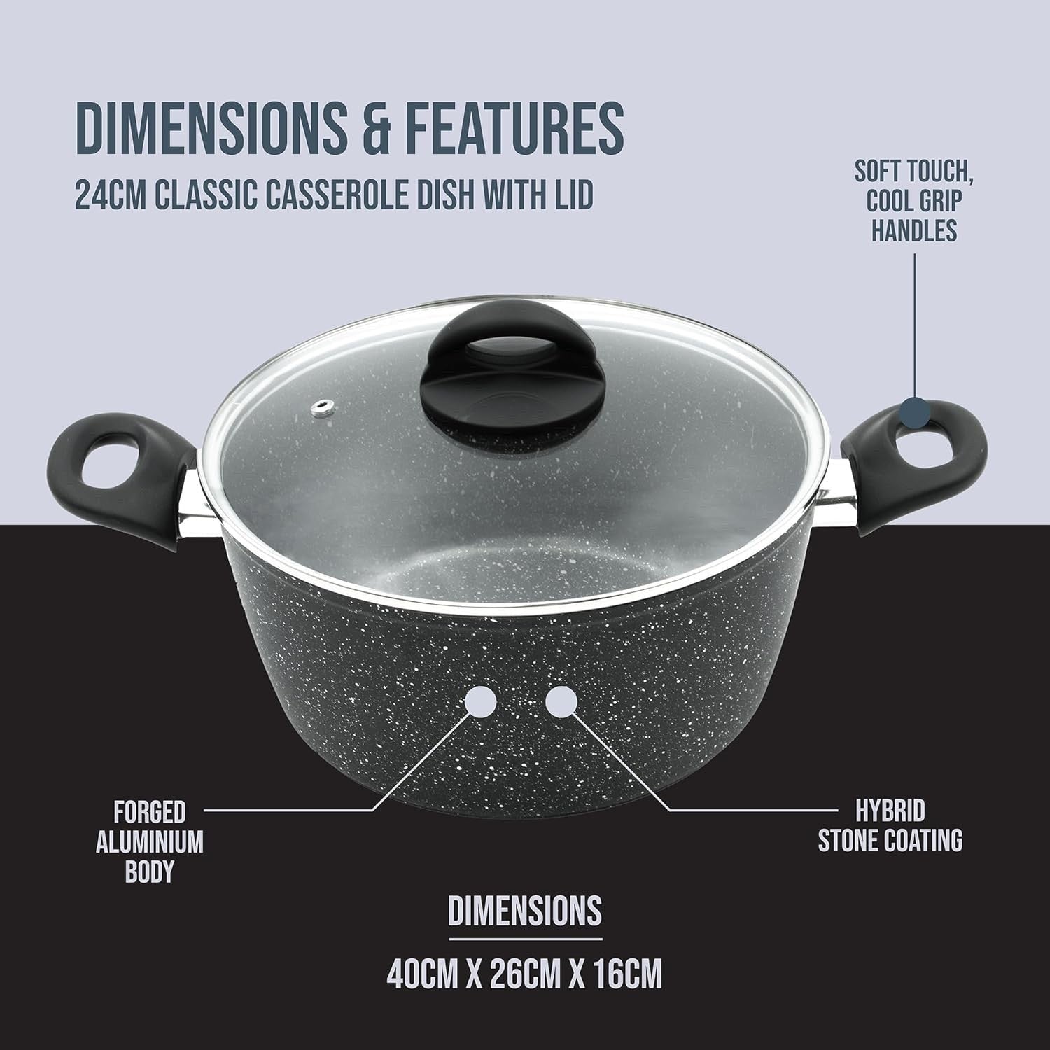 24cm Black Non Stick Stock Pot with Glass Lid – 5L Capacity Induction Safe