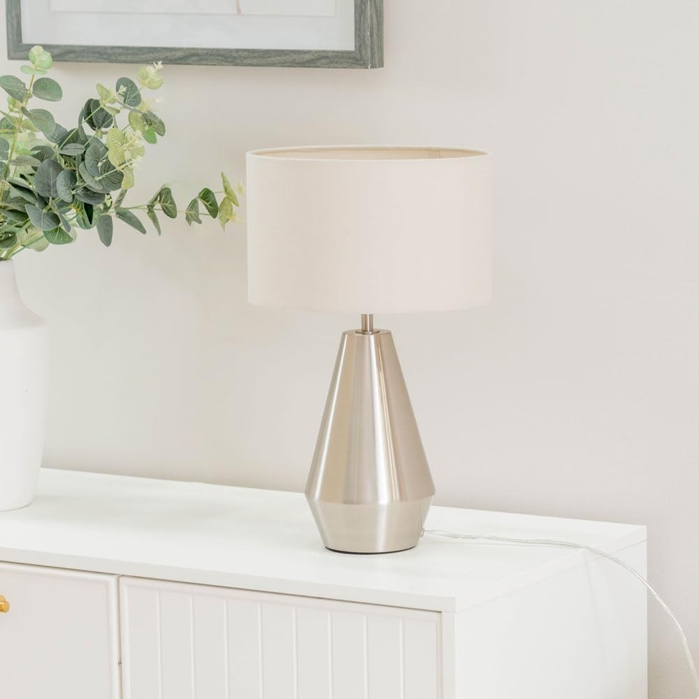 Silver Touch Dimmer Table Lamp Natural Drum Shade Bedside LED Light