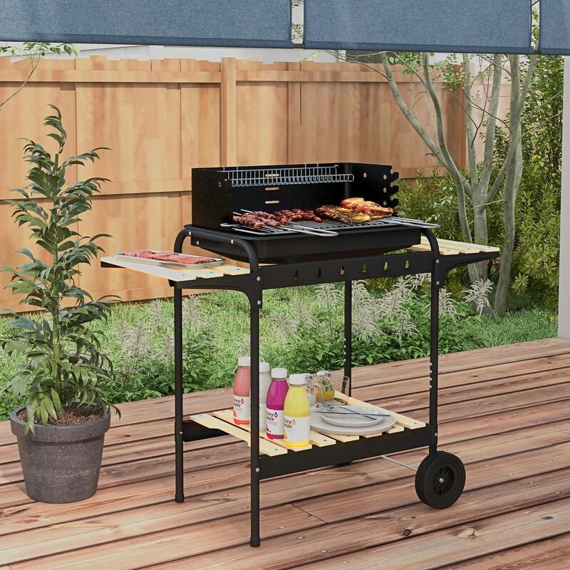 Charcoal BBQ Grill Trolley with 5-Height Levels, Shelves, Wheels & Warmer