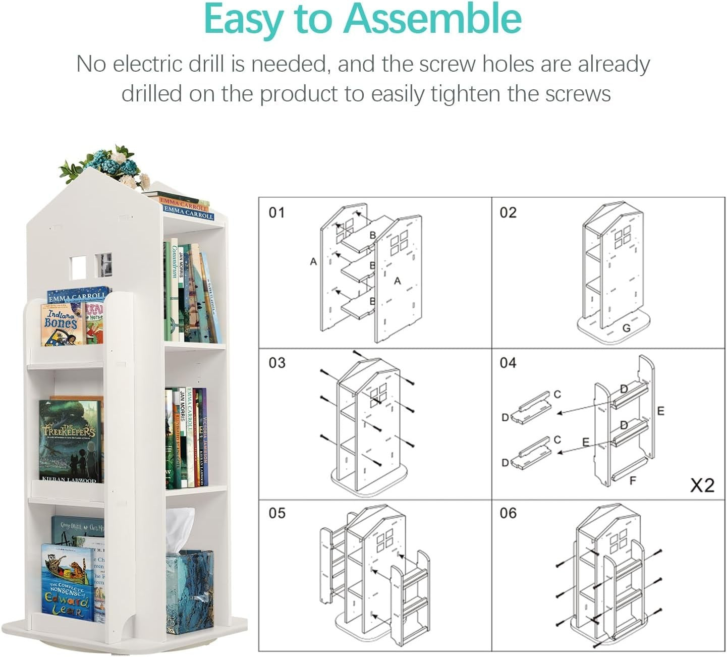 360° Rotating 3-Tier Kids Bookshelf Swivel Storage Rack for Bedroom Office