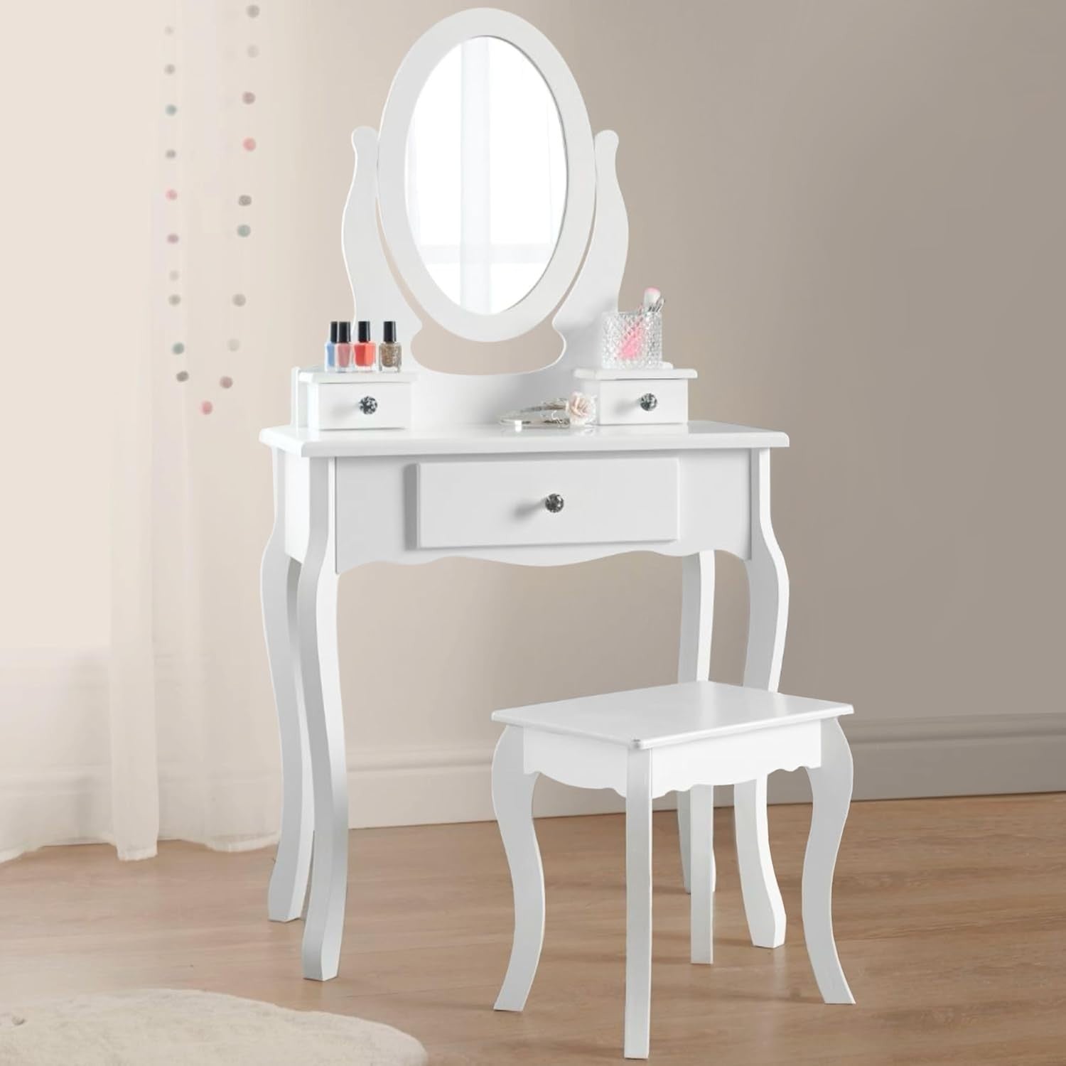 Kids White Wooden Dressing Table with Mirror & Stool Girls Vanity Set