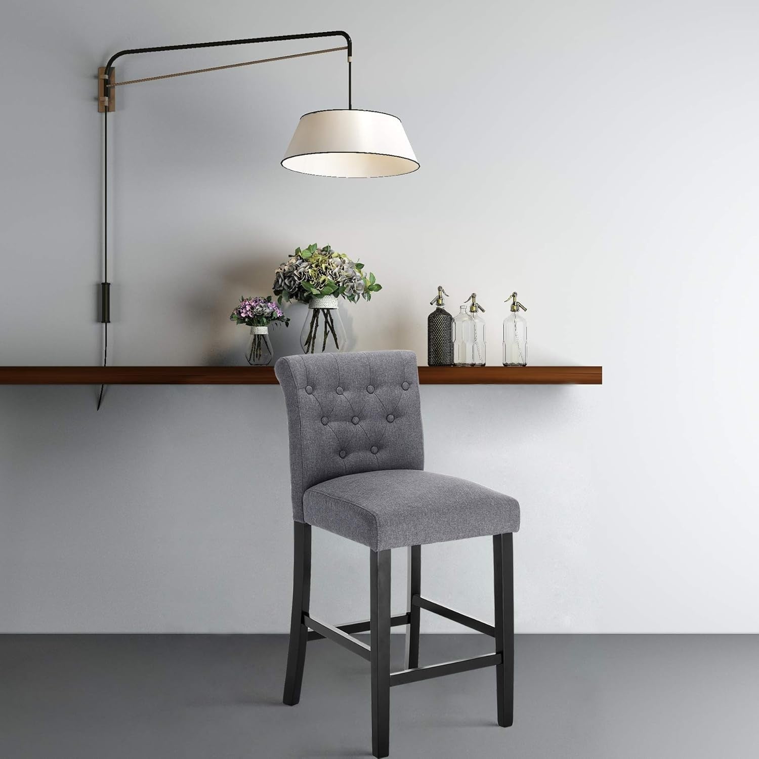 Dark Grey Linen Bar Stools Set of 2 Wooden Counter Chairs with Backrest