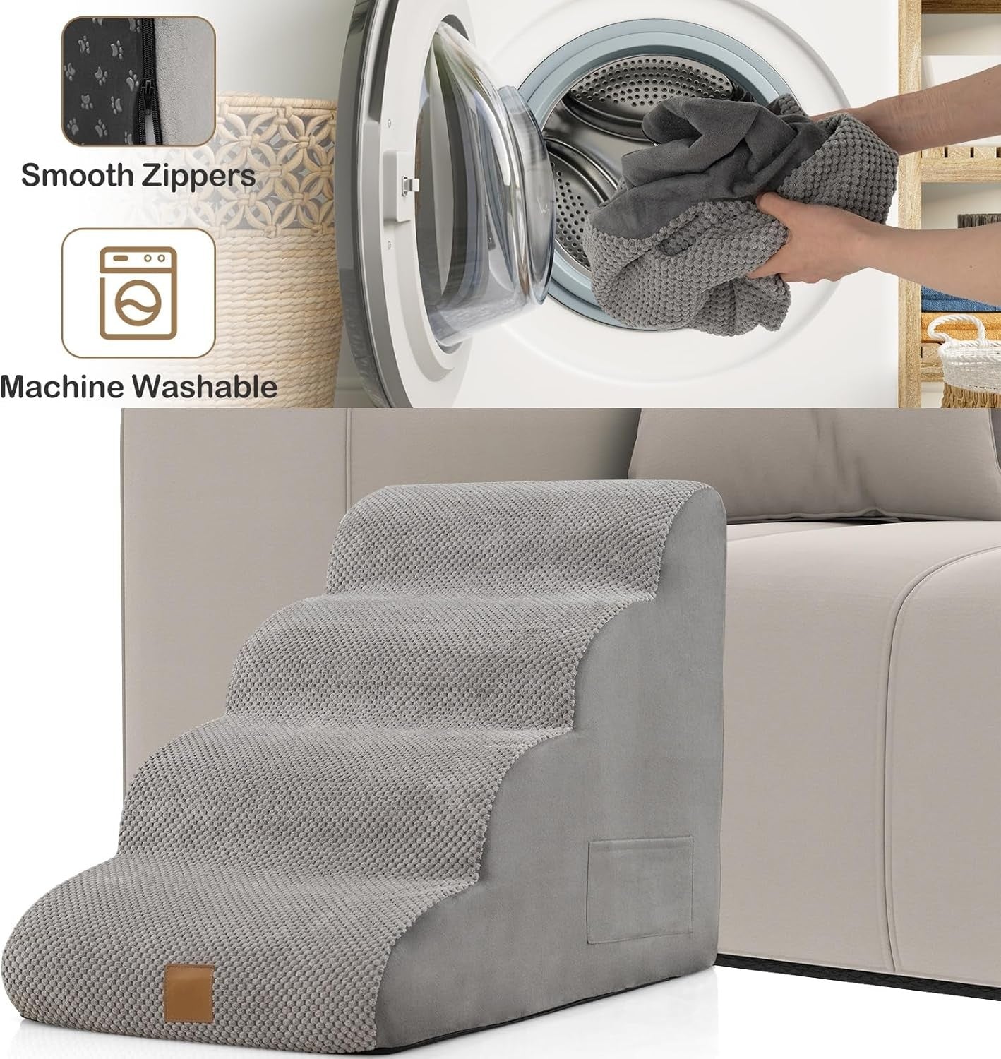 4 Tier Dog Stairs Non Slip Foam Pet Steps Removable Cover Grey