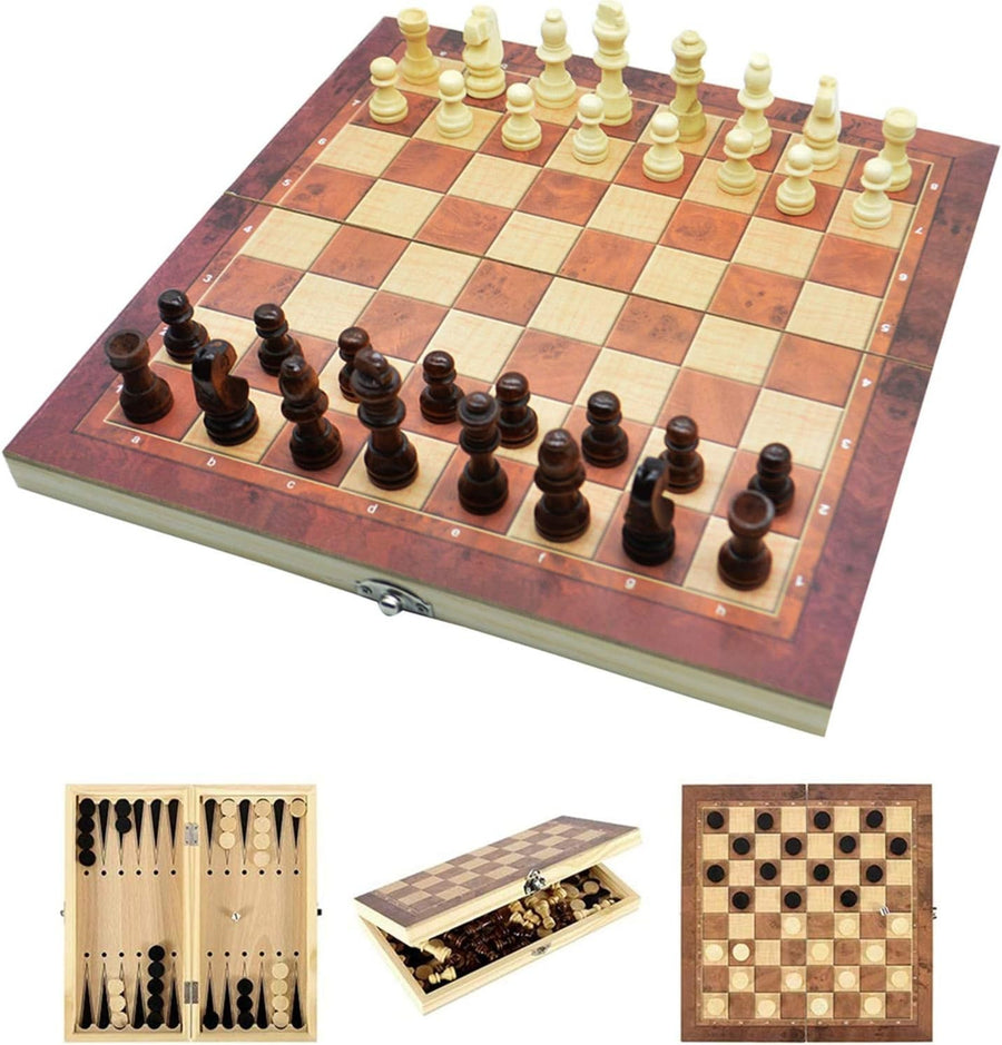 12" Wooden Folding Chess Set Portable Travel Board with Hand-Carved Pieces