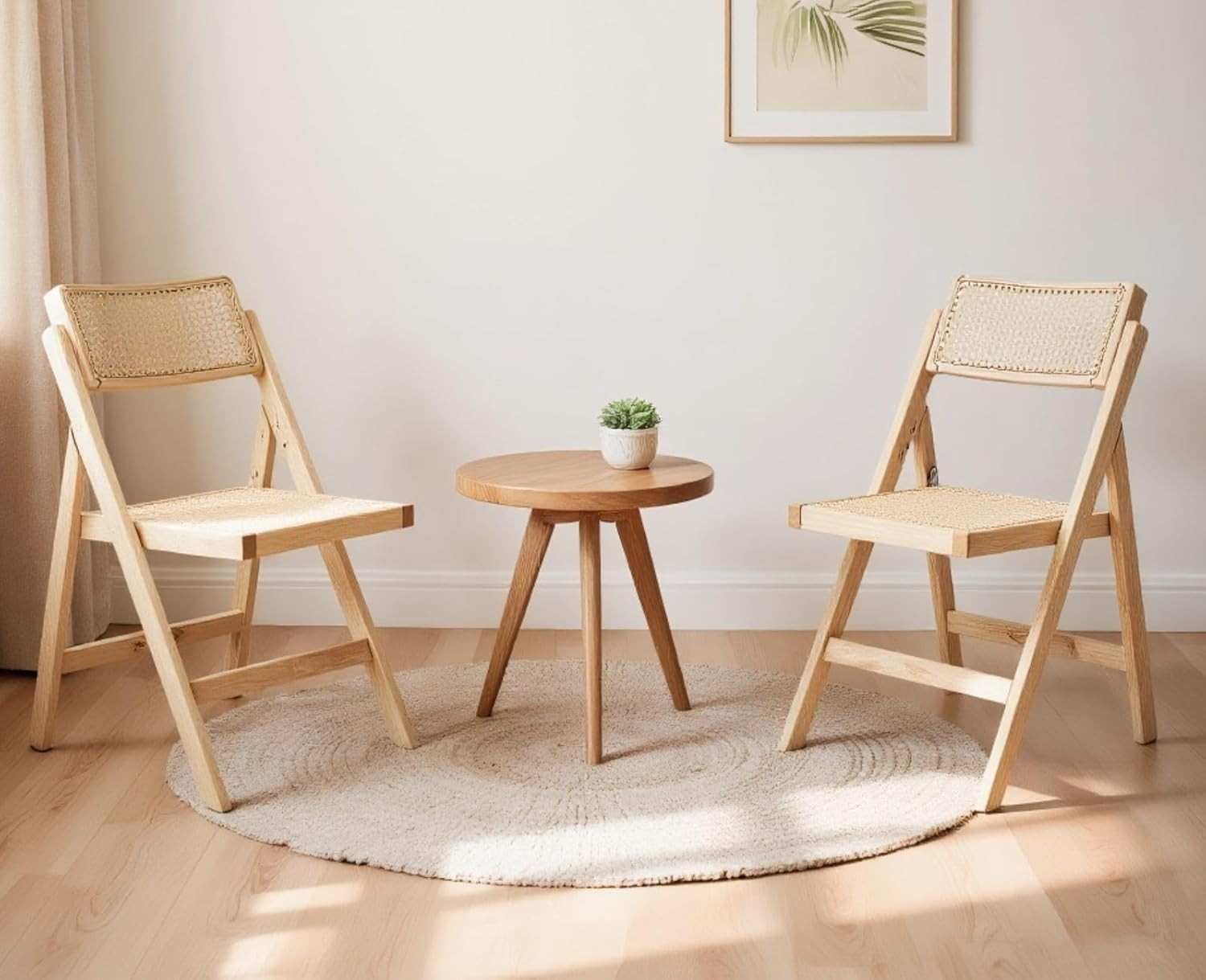 Folding Rattan Dining Chairs Set of 2 Wooden Frame Space Saving Kitchen