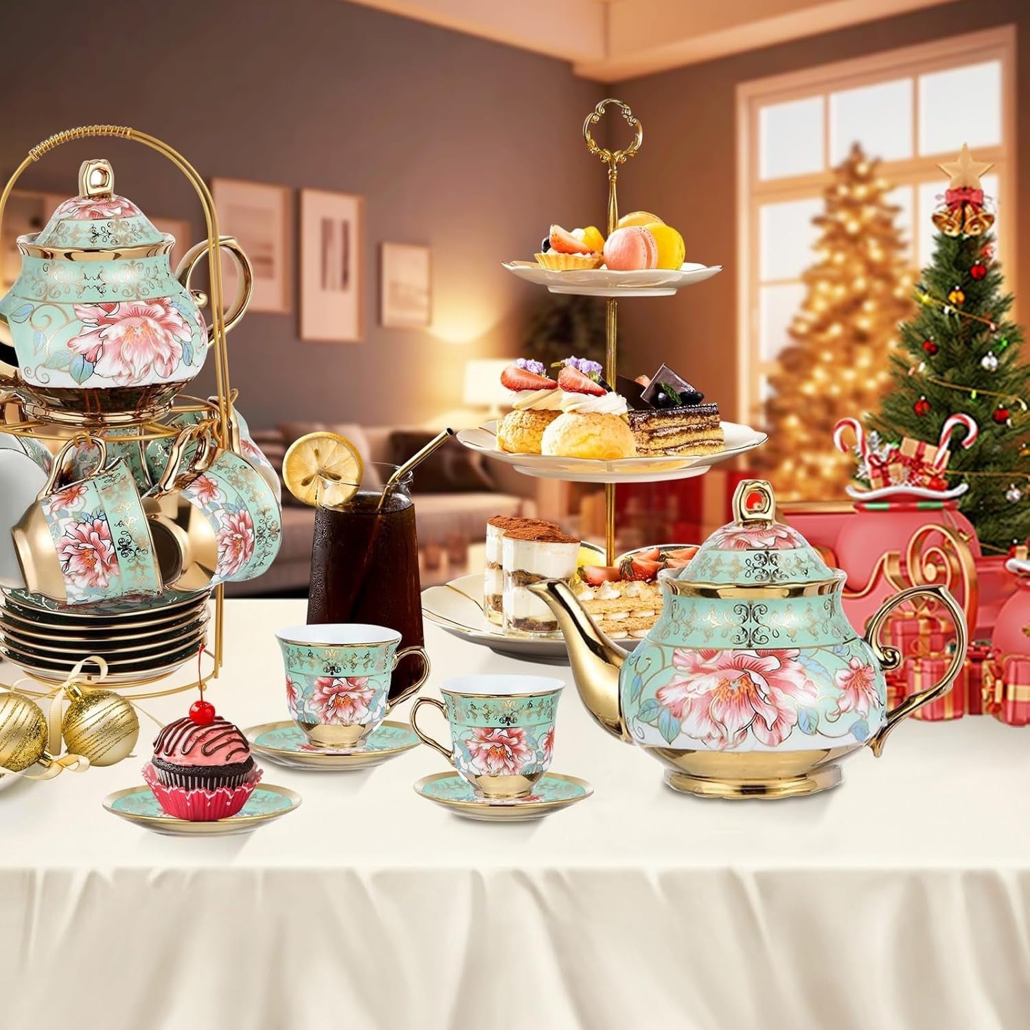 20Pc Green Porcelain Tea Set Gold Floral Teapot Cups Saucers Stand