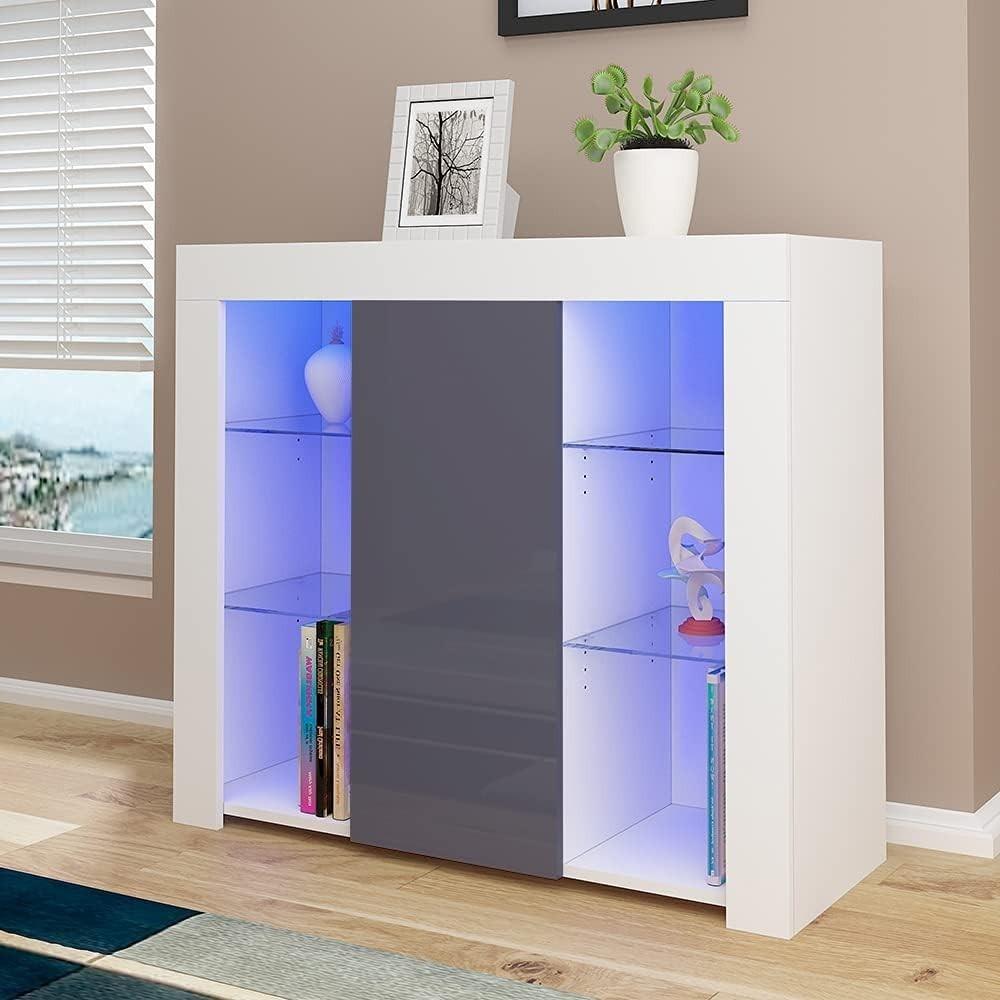 LED Sideboard Cabinet Grey Modern Display Unit with Glass Shelves RGB