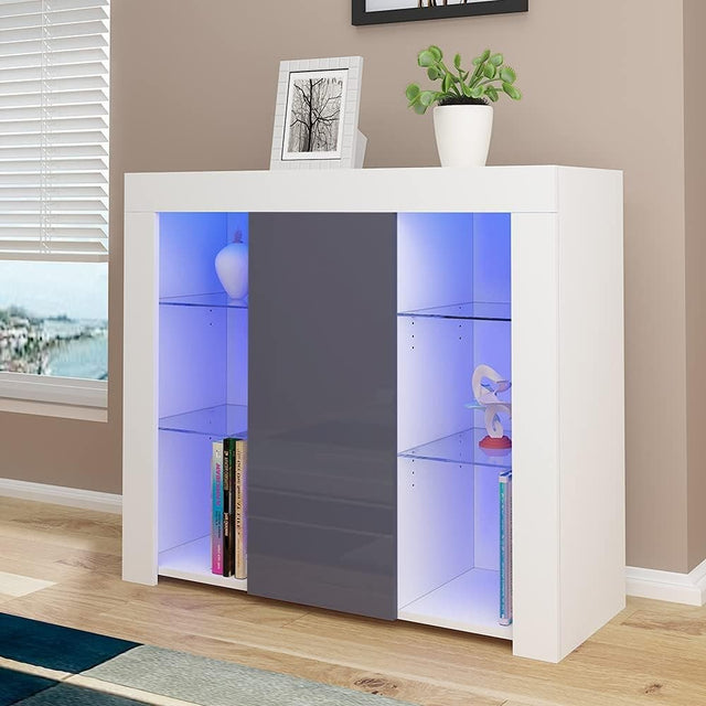 LED Sideboard Cabinet Grey Modern Display Unit with Glass Shelves RGB