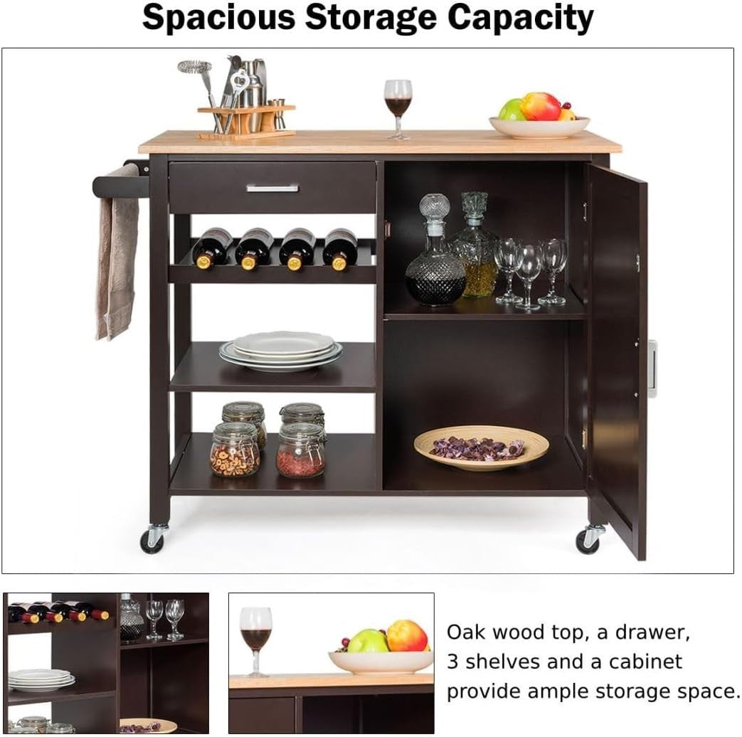 Mobile Kitchen Island Cart with Oak Top, Adjustable Shelves, Wine & Towel Rack