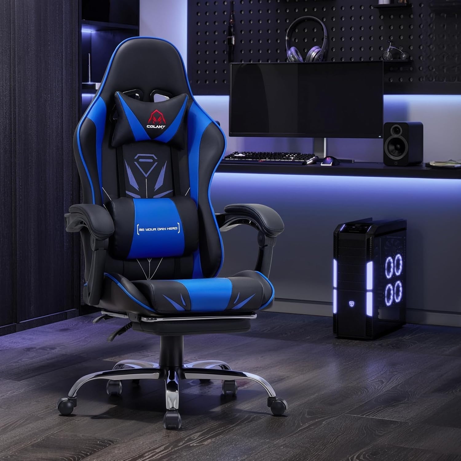 High Back Gaming Chair with Footrest Blue Faux Leather Computer Office Swivel Se