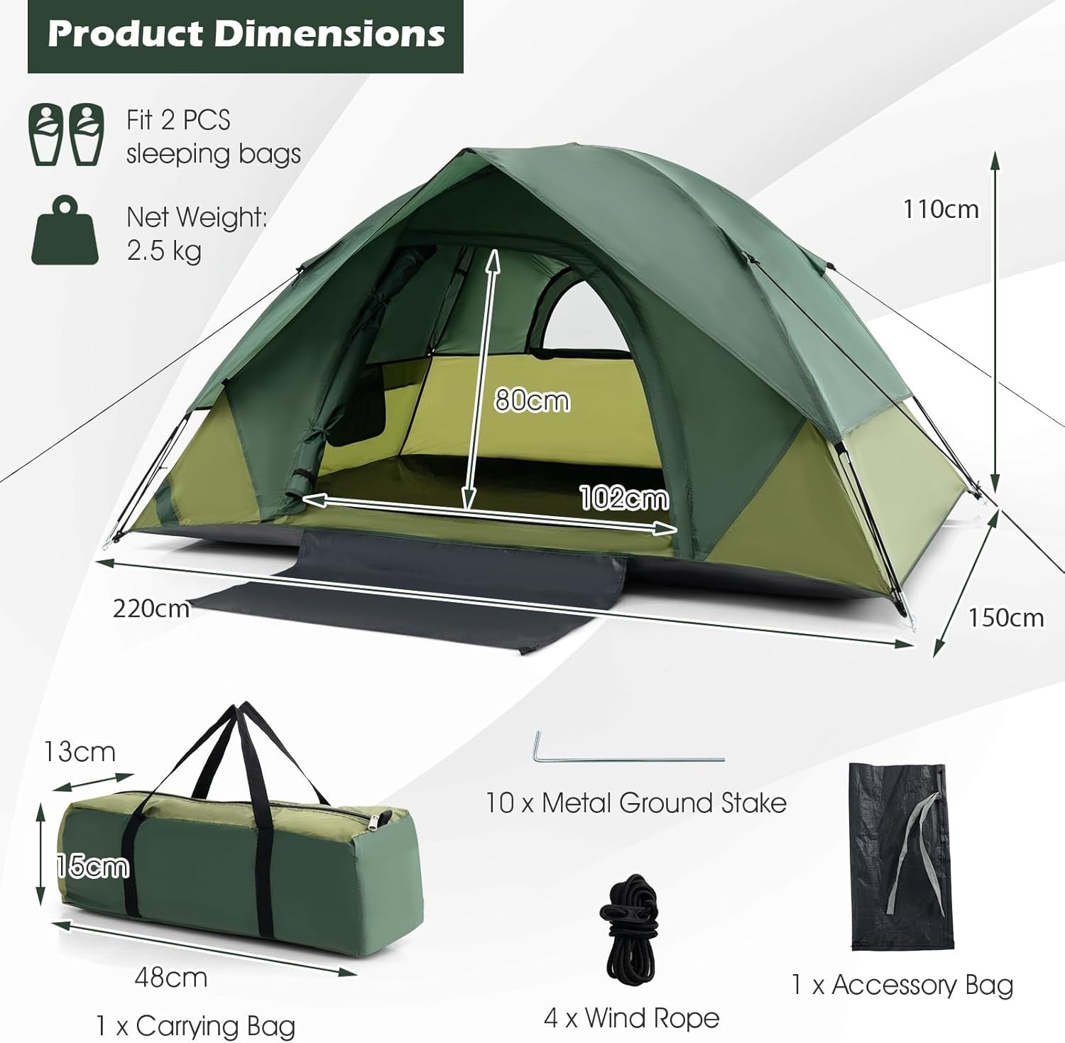 2 Person Camping Tent Lightweight Waterproof Dome Hiking Travel