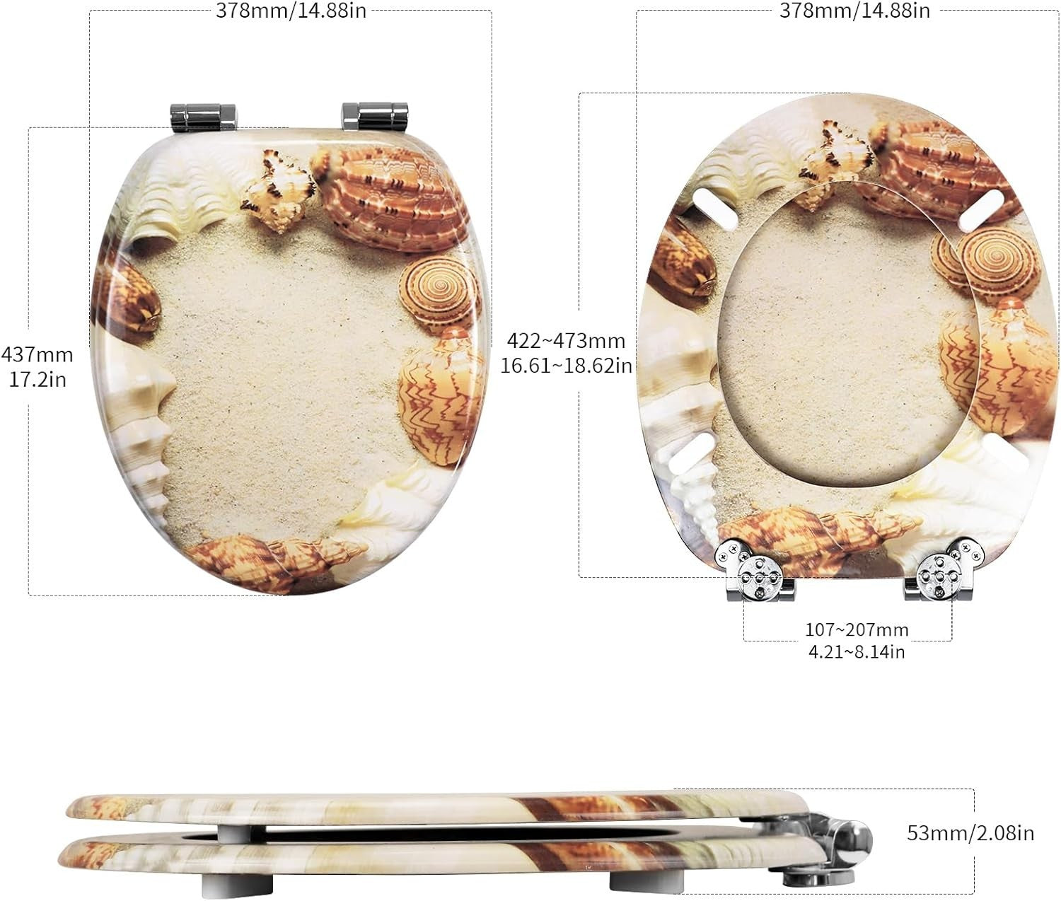 Soft Close Wooden Toilet Seat MDF Durable Adjustable Hinges 43.5x37.5cm