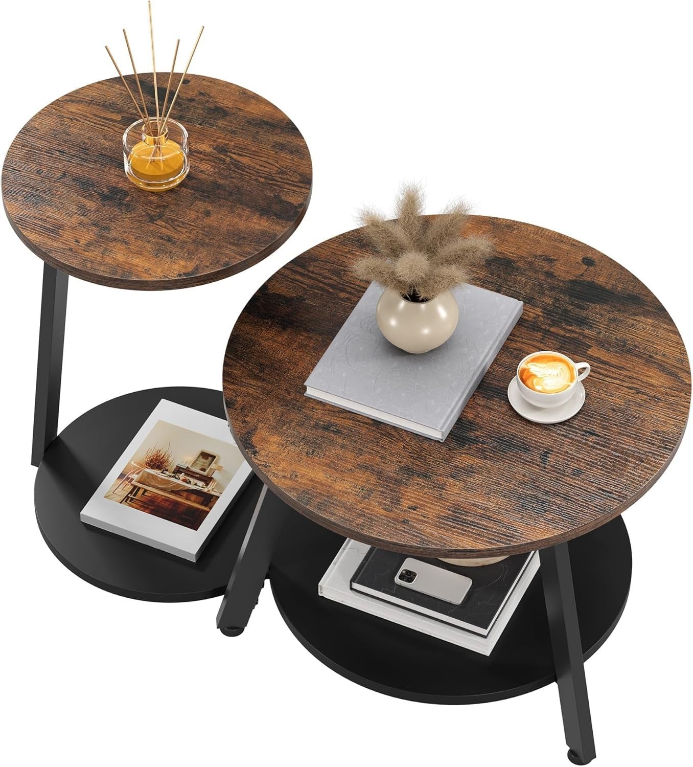 Nesting Coffee Table Set 2 Rustic Brown Round Side End Tables Storage