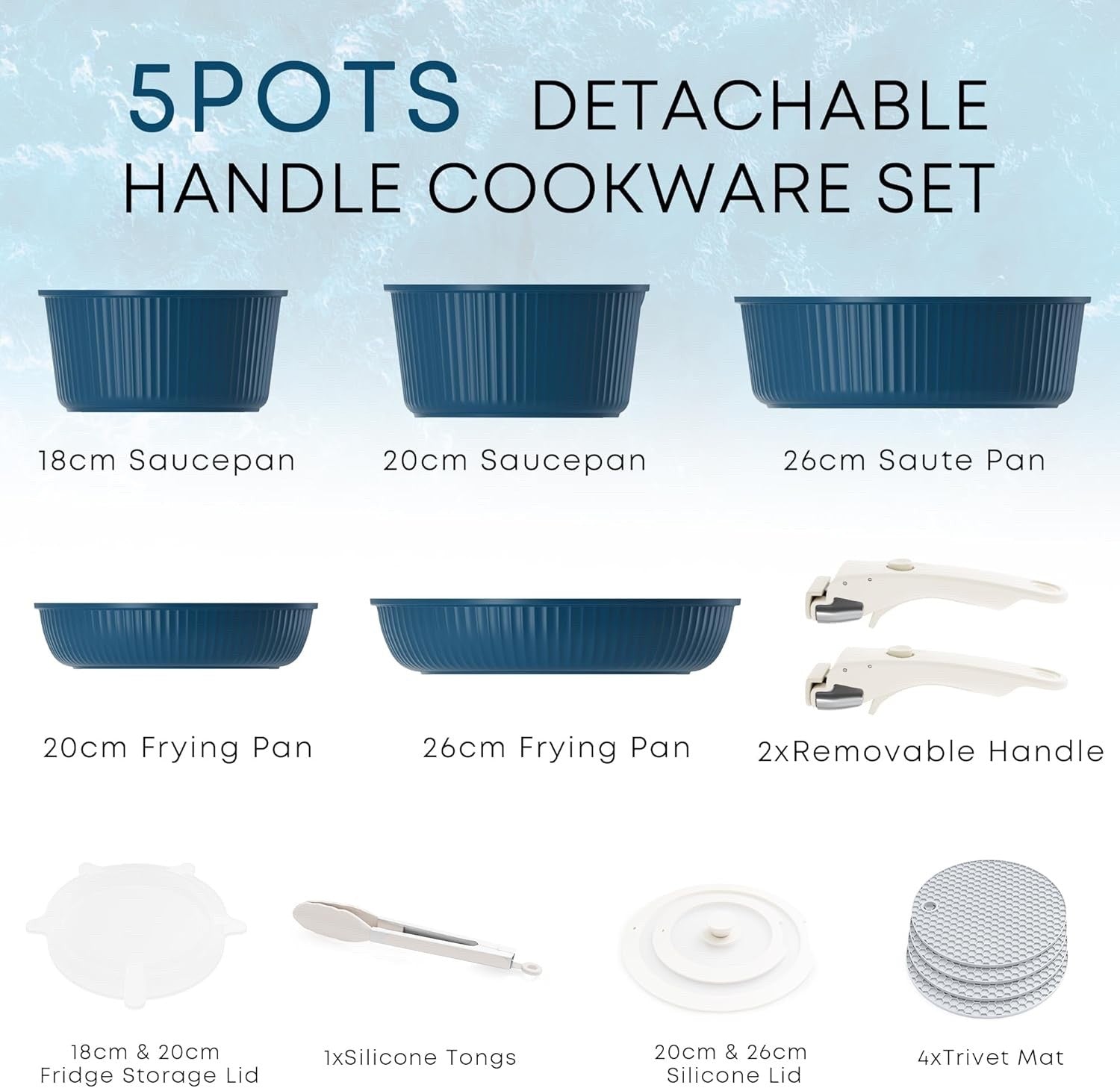 5Pcs Ribbed Navy Blue Pots Pans Set with Lids & Detachable Handle Induction Safe