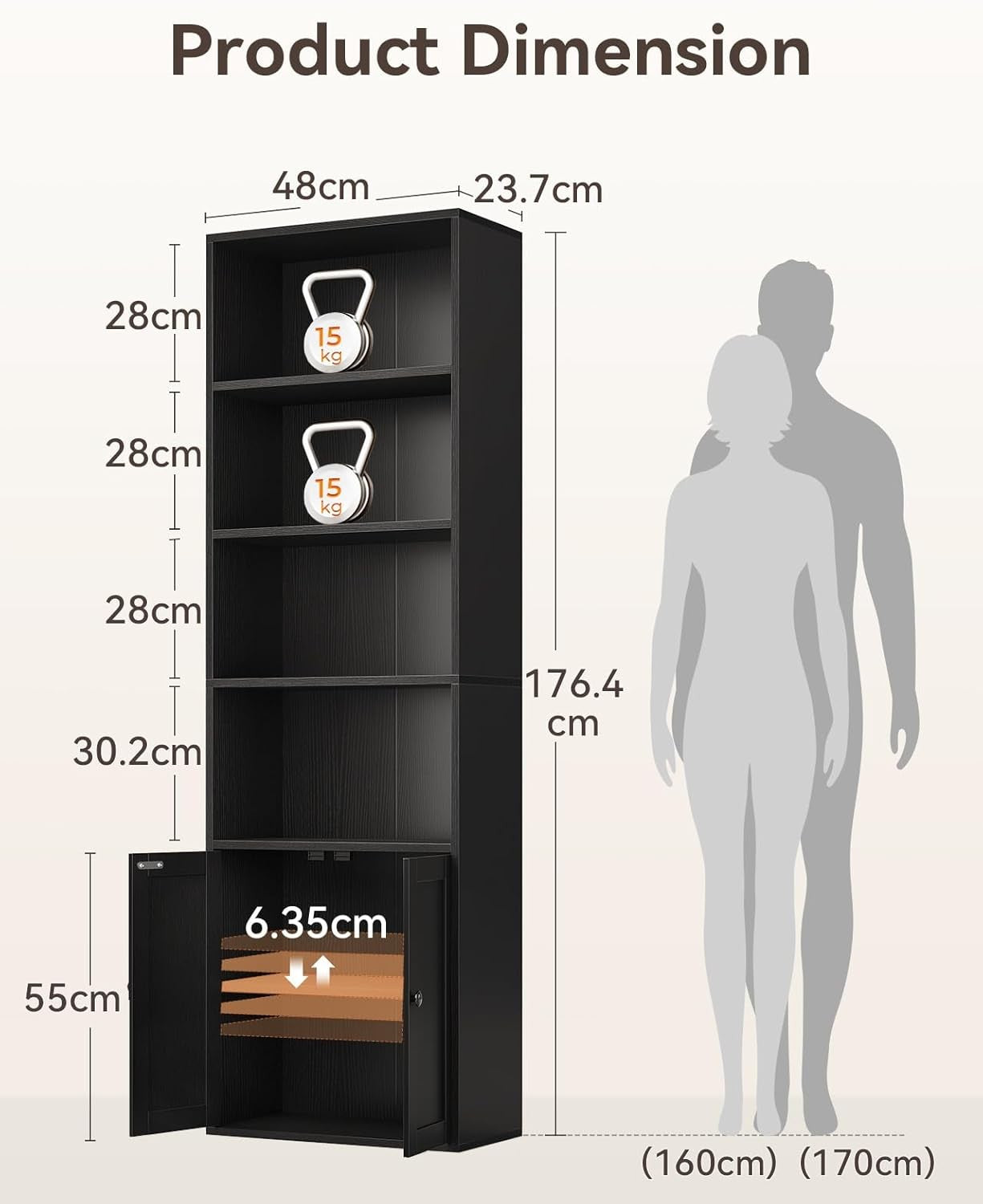 Tall 6 Tier Bookcase With Cabinet Storage Shelves Modern Freestanding Black