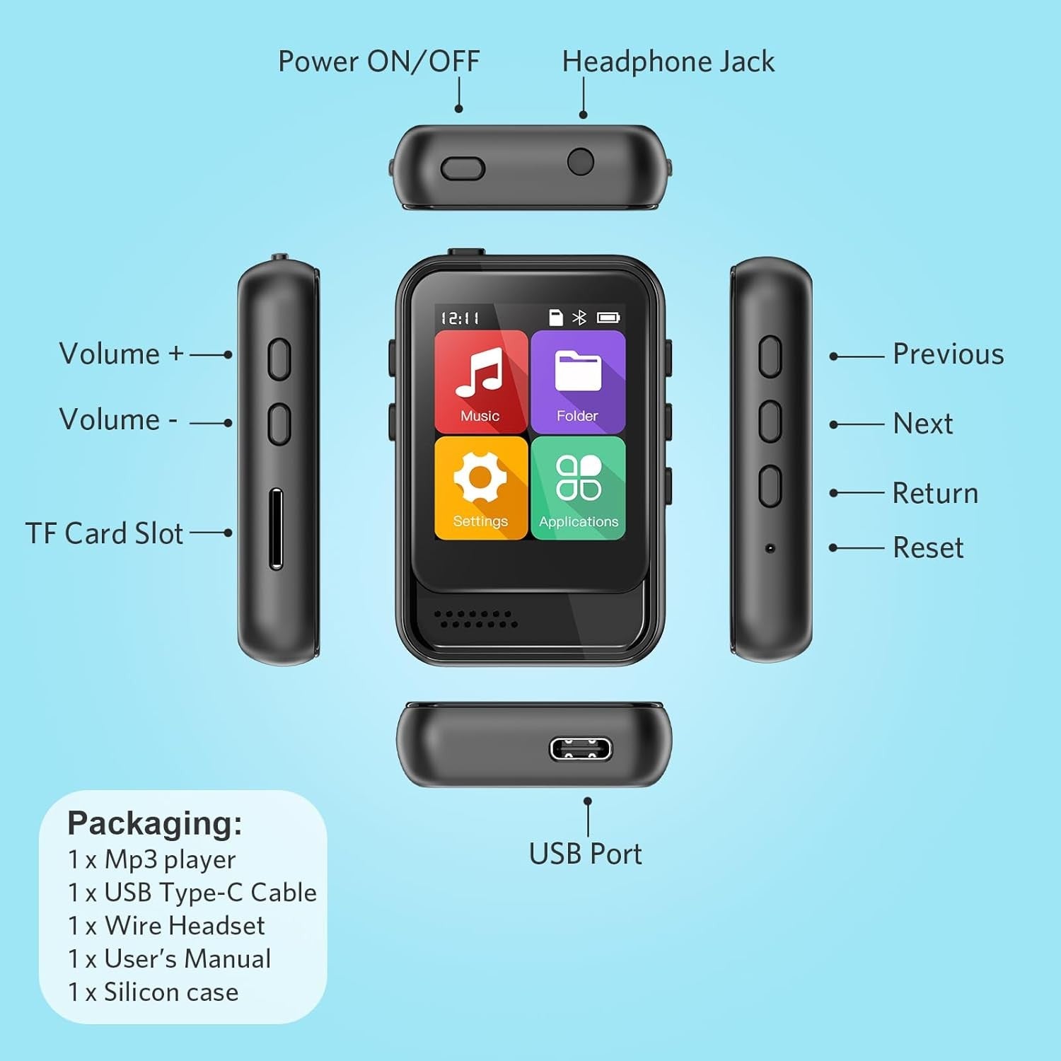 16GB MP3 Player Bluetooth Built-In Speaker FM Radio 128GB