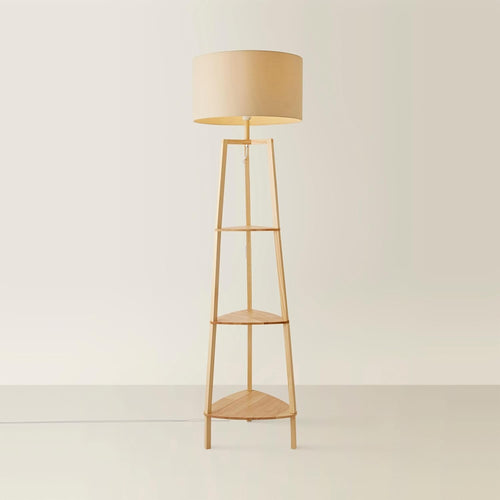 Wooden Floor Lamp with Shelves Beige Shade Tall Standing Storage Light