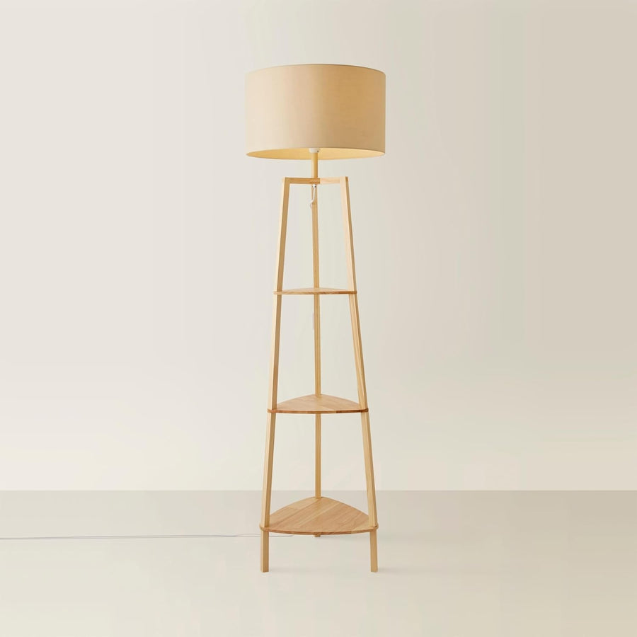 Wooden Floor Lamp with Shelves Beige Shade Tall Standing Storage Light
