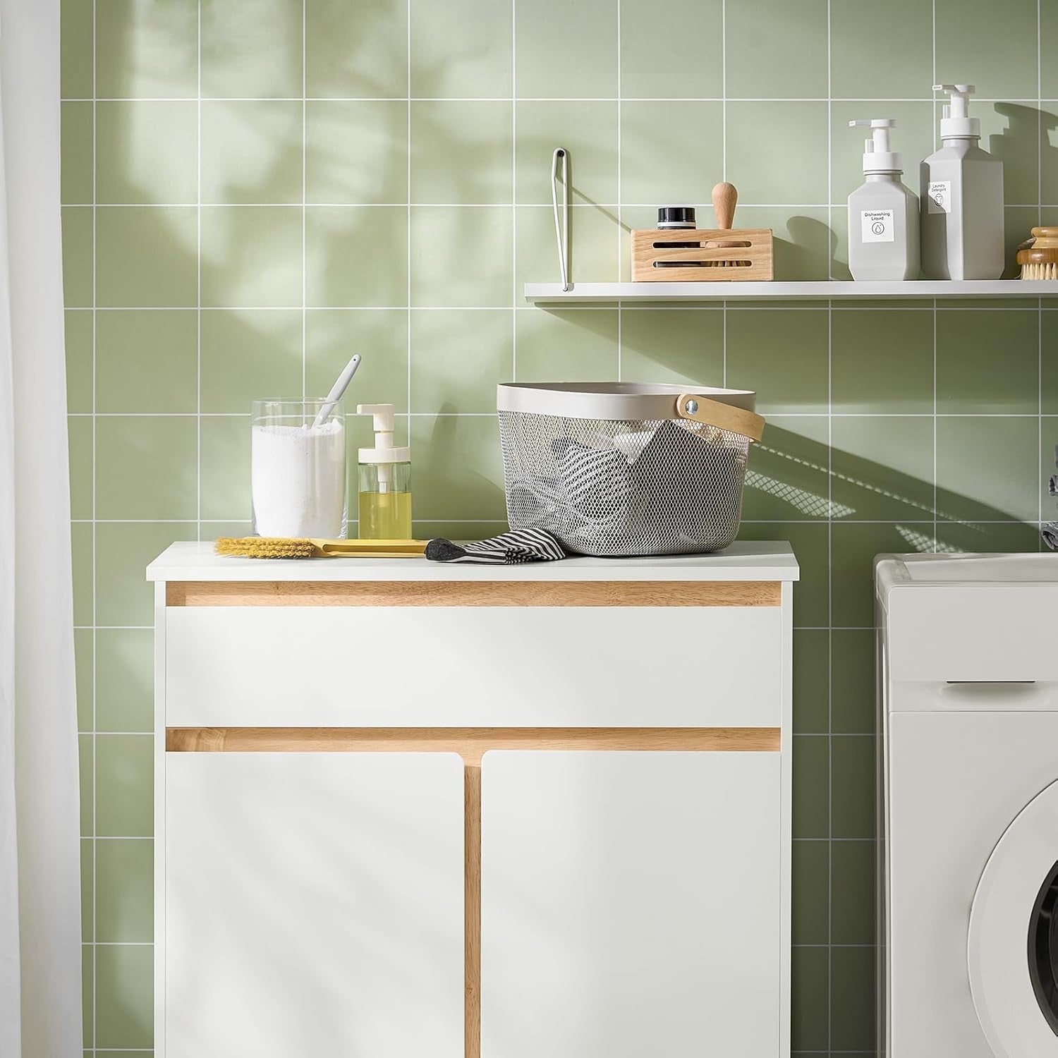 Slim Bathroom Storage Cabinet with Drawer & Laundry Basket White Unit