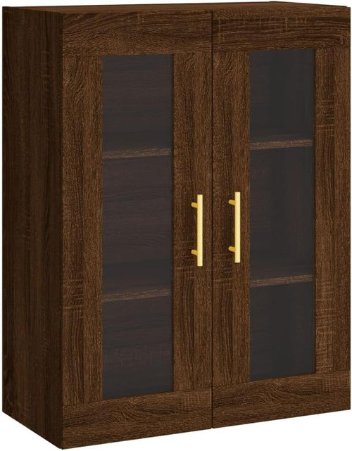 Modern Brown Oak Wall Mounted Storage Cabinet with Glass & Gold Handles