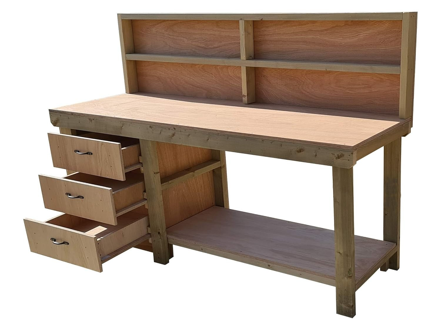 7ft Heavy Duty Wooden Workbench – Eucalyptus Top, 3 Drawers, Shelf & Back Panel