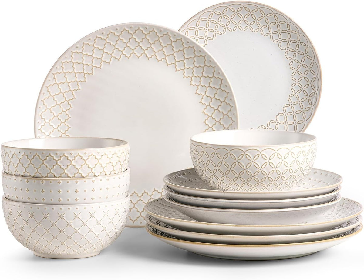 12 Piece Ceramic Dinner Set Plates Bowls Beige Modern Tableware Dishwasher Safe