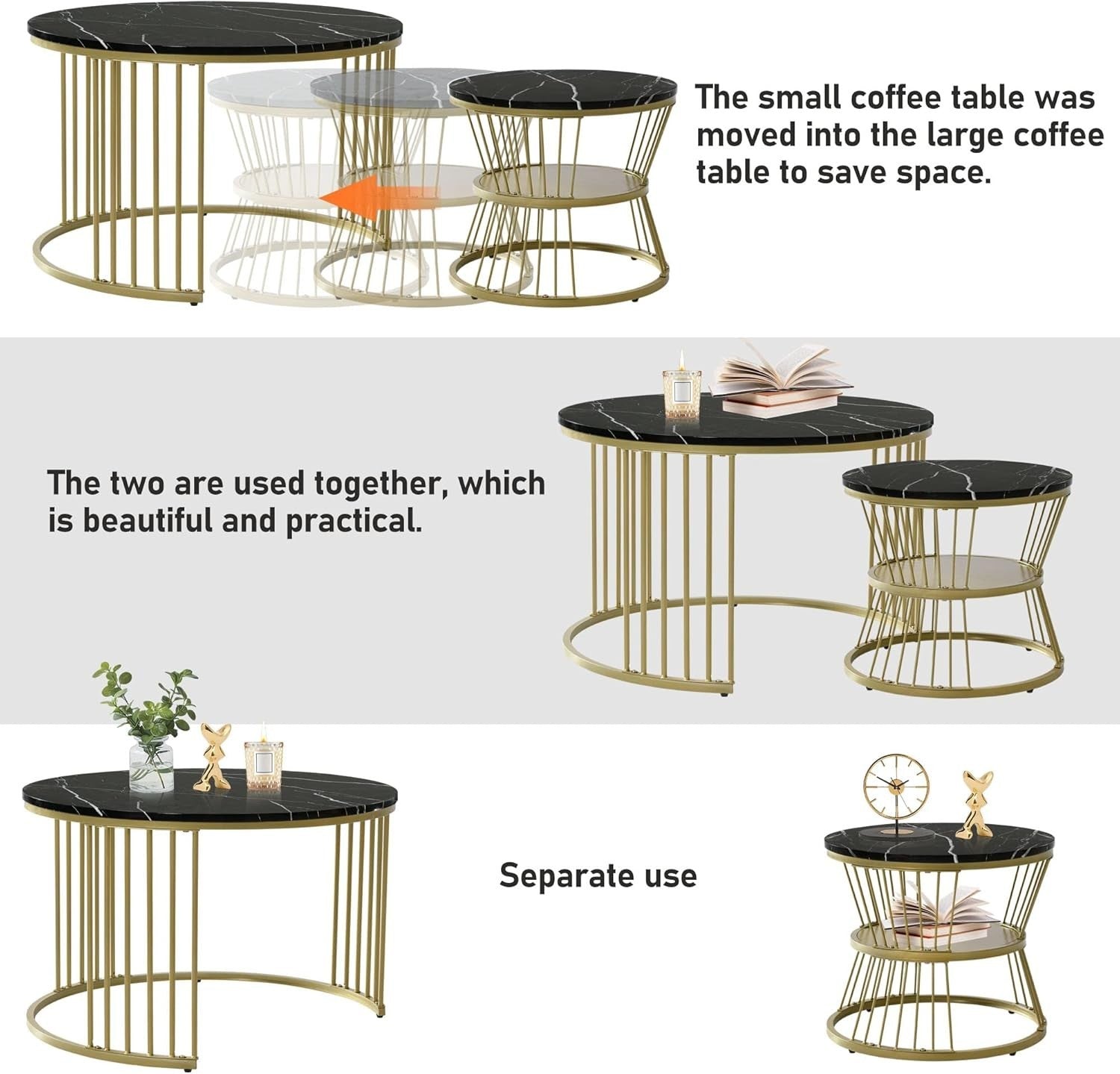 Round Coffee Table Set Nested Faux Marble Black Adjustable Height Living Room
