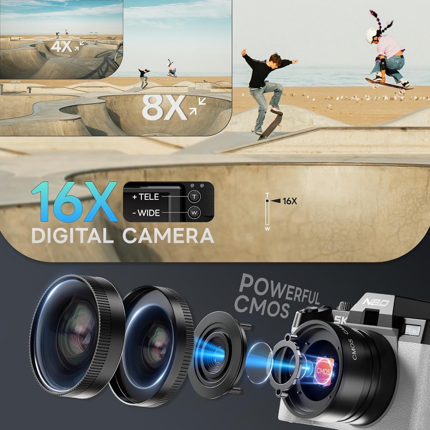5K 64MP Vlogging Camera WiFi Flip Screen 16X Zoom White Kit