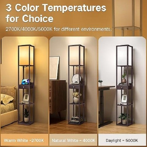 Floor Lamp with Drawer Shelves USB C Dimmable LED Wooden Standing Light