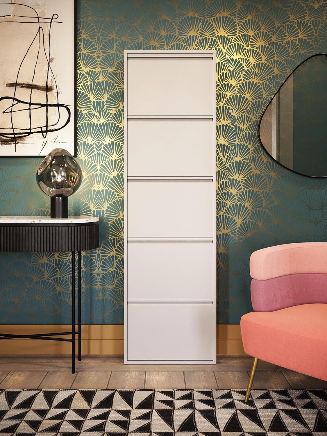 Slim 5-Drawer Shoe Cabinet Cream– Space-Saving Metal Tilt Rack 170x50x15cm
