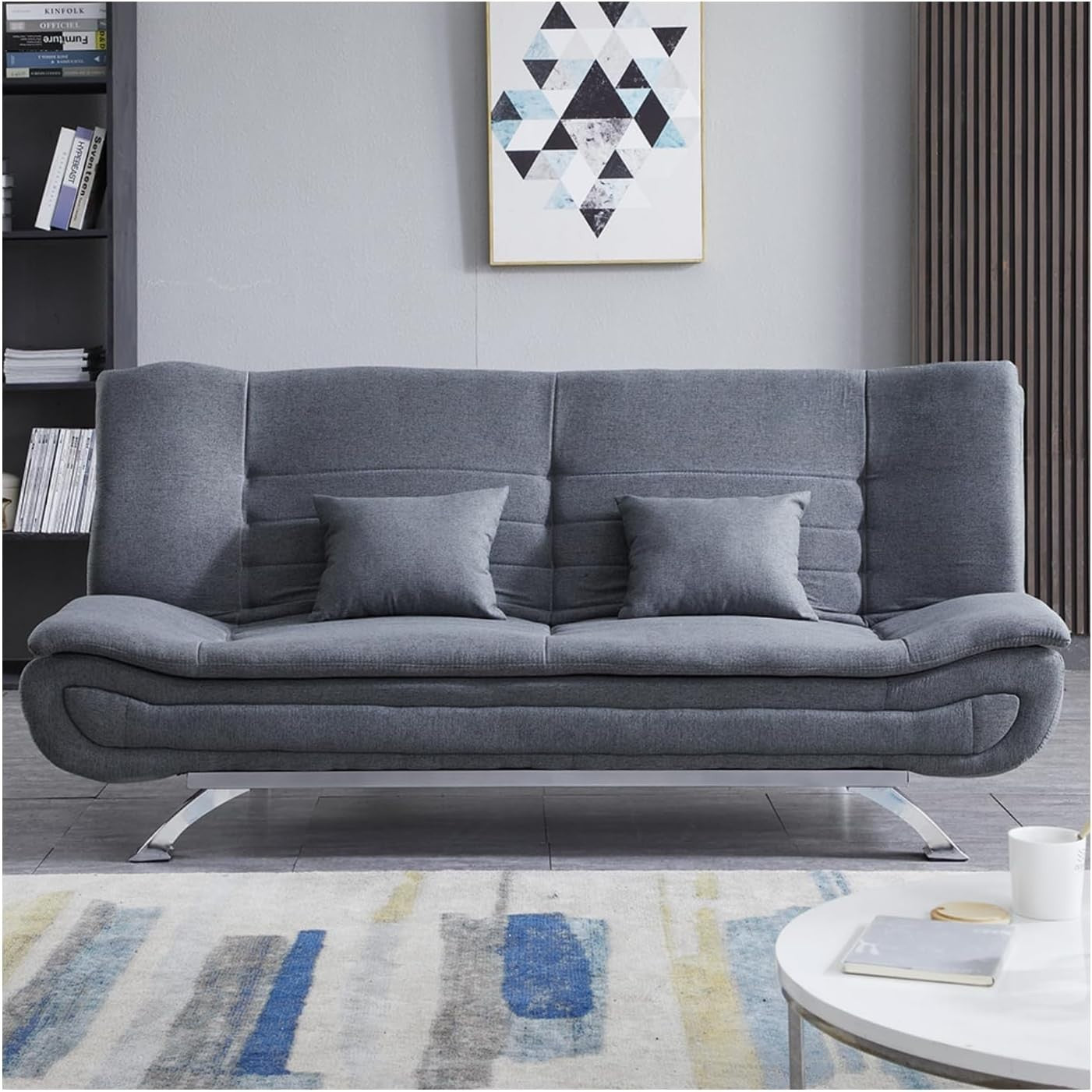 Luxury 3 Seater Sofa Bed Grey Linen Futon Couch w/ Pillows & Chrome Legs