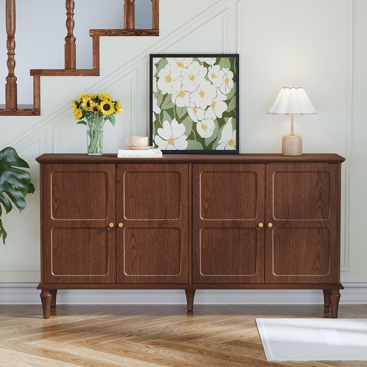 Mid-Century Sideboard with Wine Glass Racks, 4 Doors, Spacious Storage