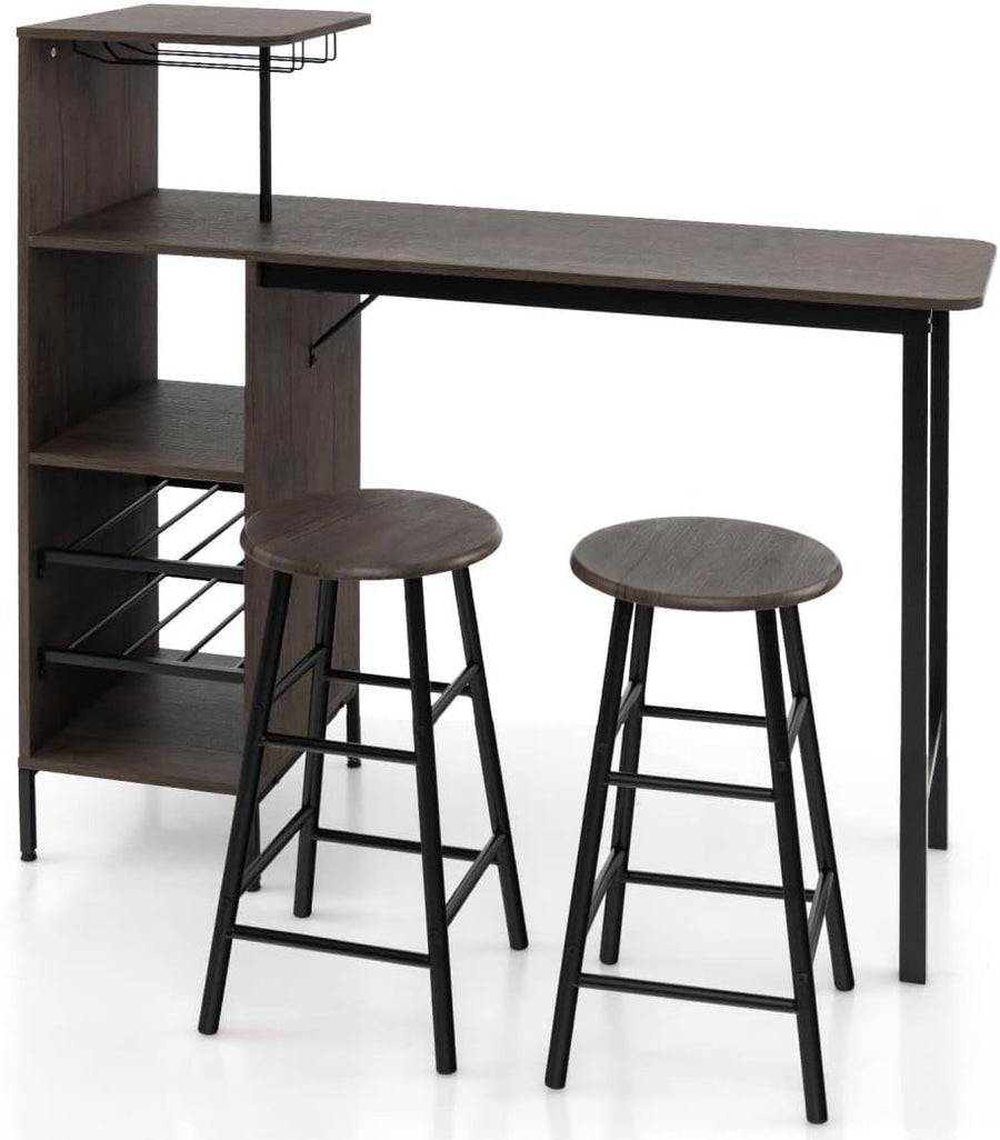 Brown 3-Piece Industrial Dining Bar Table Set with Shelves, Wine Rack & 2 Stools