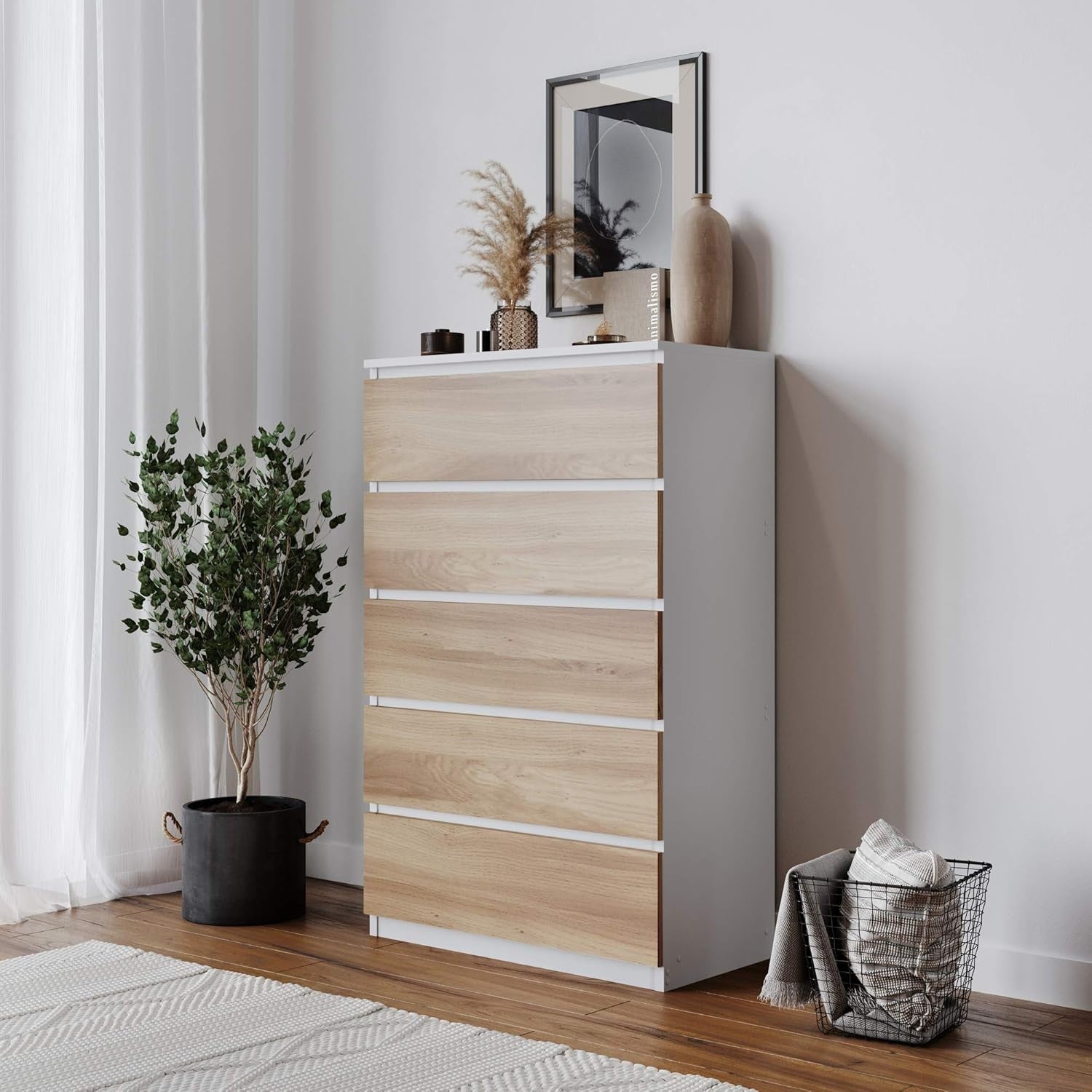 Modern 5 Drawer Bedroom Chest Oak Drawers White Frame Storage Cabinet