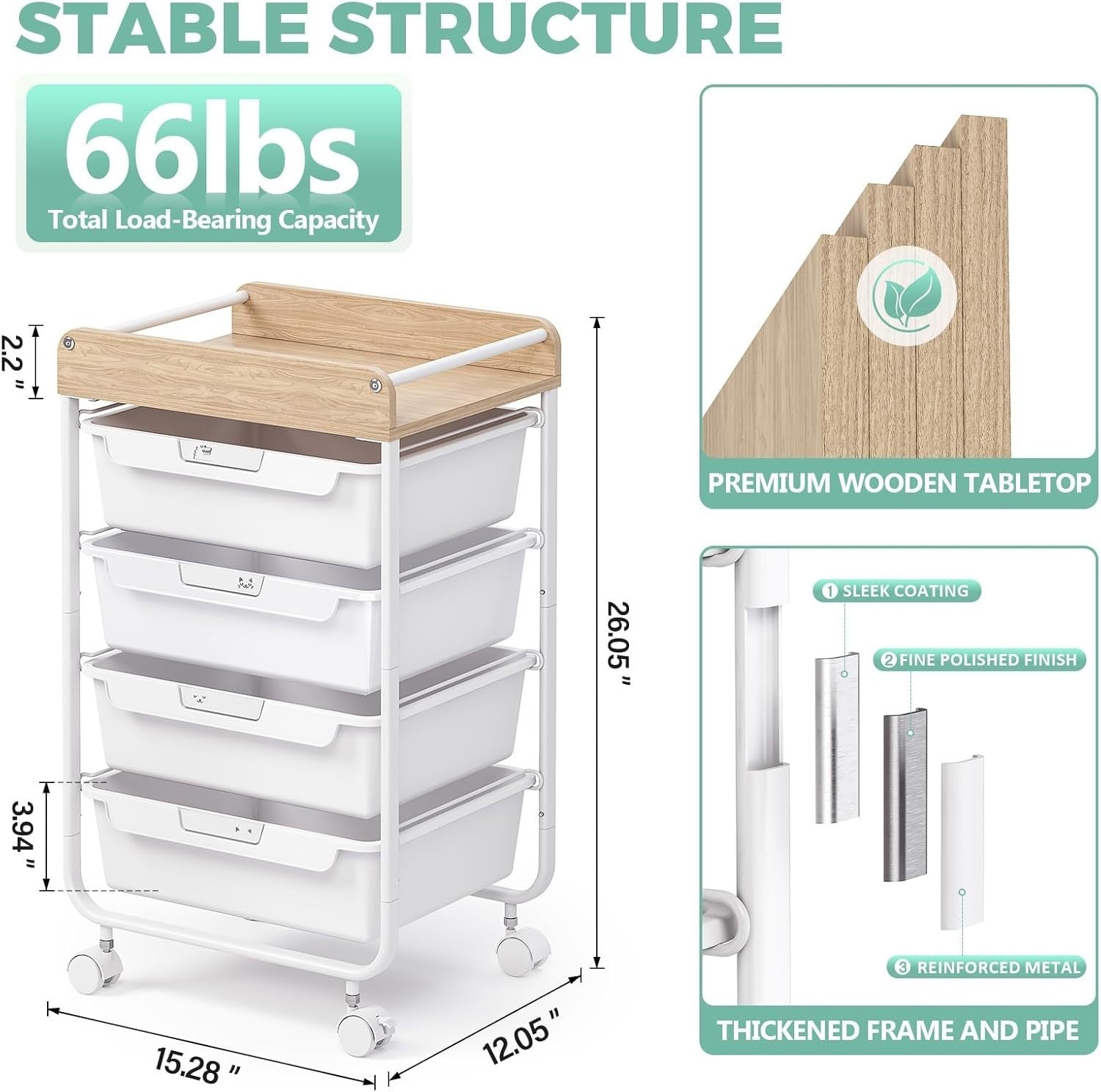 White 4 Drawer Rolling Storage Trolley Craft Office Organizer Cart