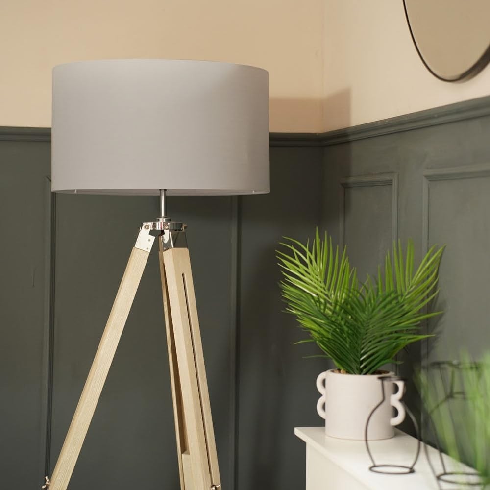 Modern Wood & Chrome Tripod Floor Lamp with Grey Drum Shade & Bulb
