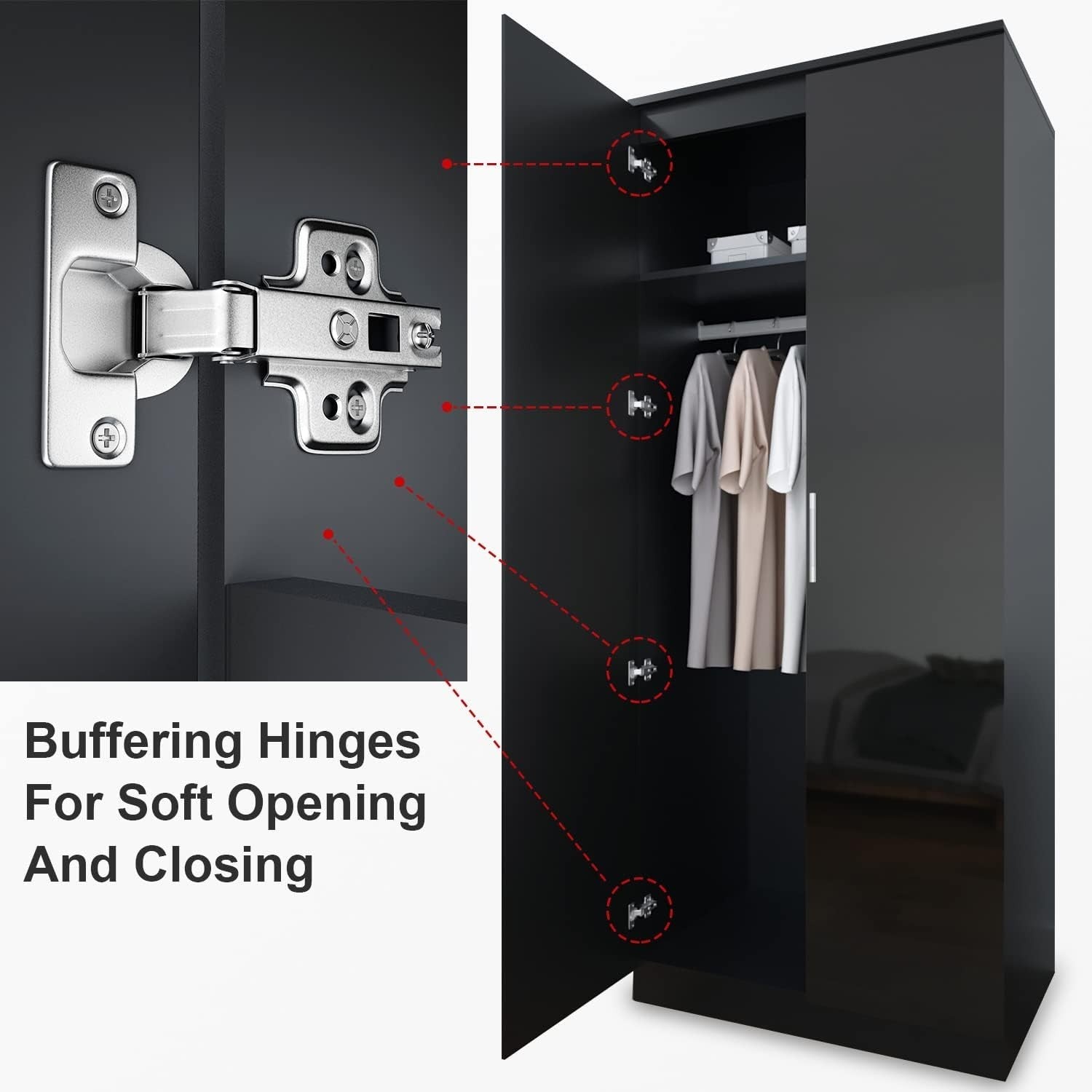 High Gloss 2 Door Wardrobe with Hanging Rail Removable Shelves Bedroom Storage
