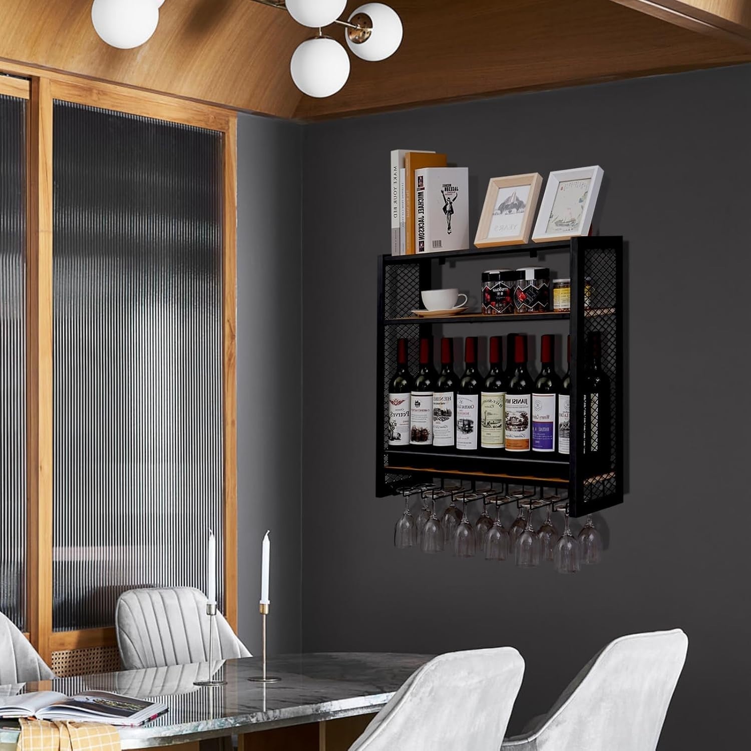 Wall Mounted Wine Rack 3 Tier Metal Shelf with Glass Holder Space Saving Storage