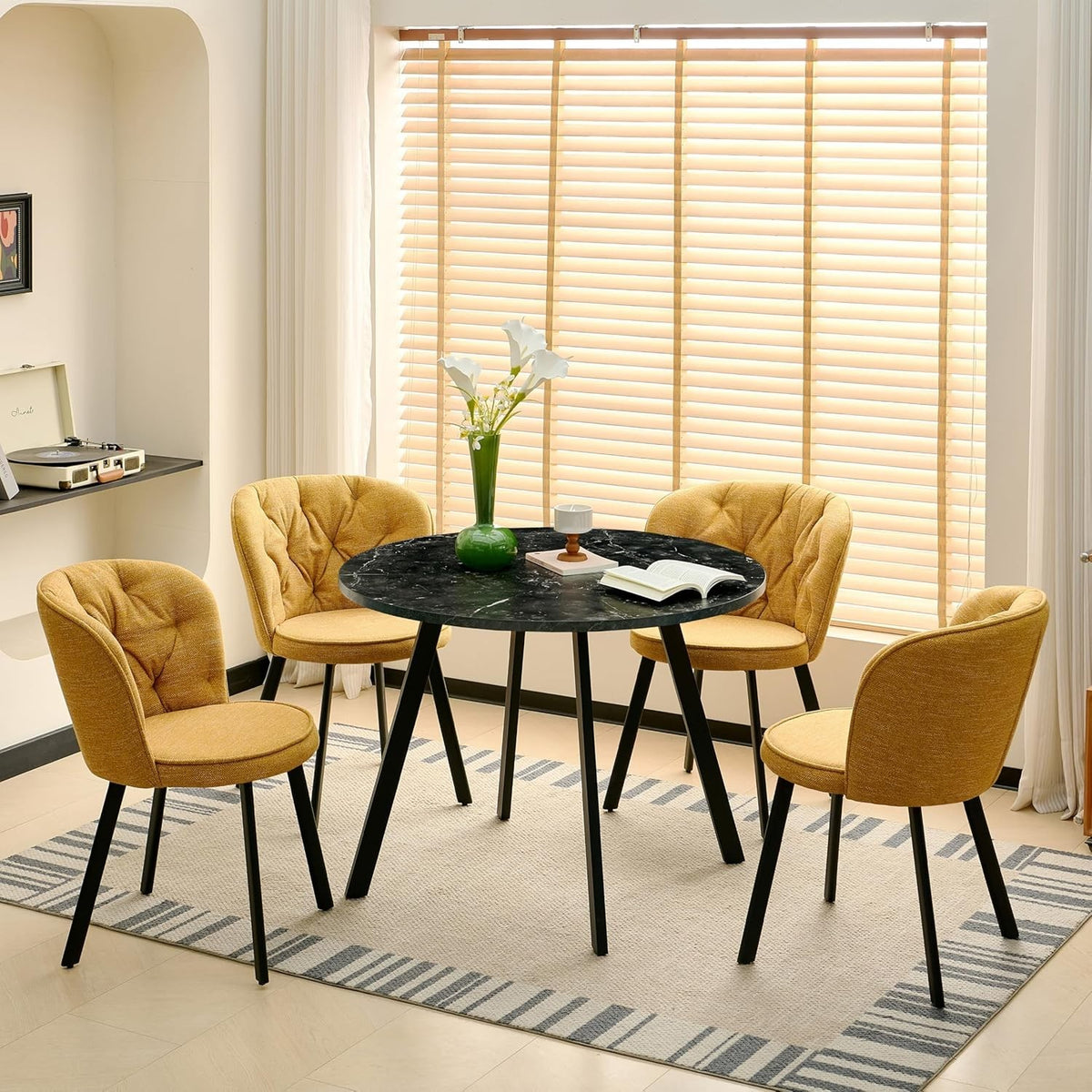 4 Orange Velvet Dining Chairs & Black Marble Round Table Set for Kitchen