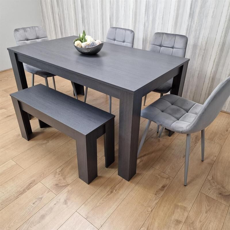 6 Seater Dining Table Set with Bench & 4 Grey Chairs – Modern Wood Effect