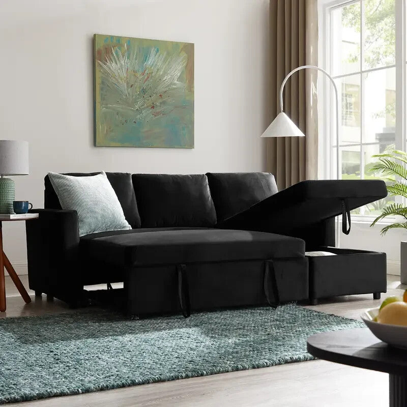 3 Seater Sofa Bed Pull-Out Reversible Chaise Black Velvet Storage Couch