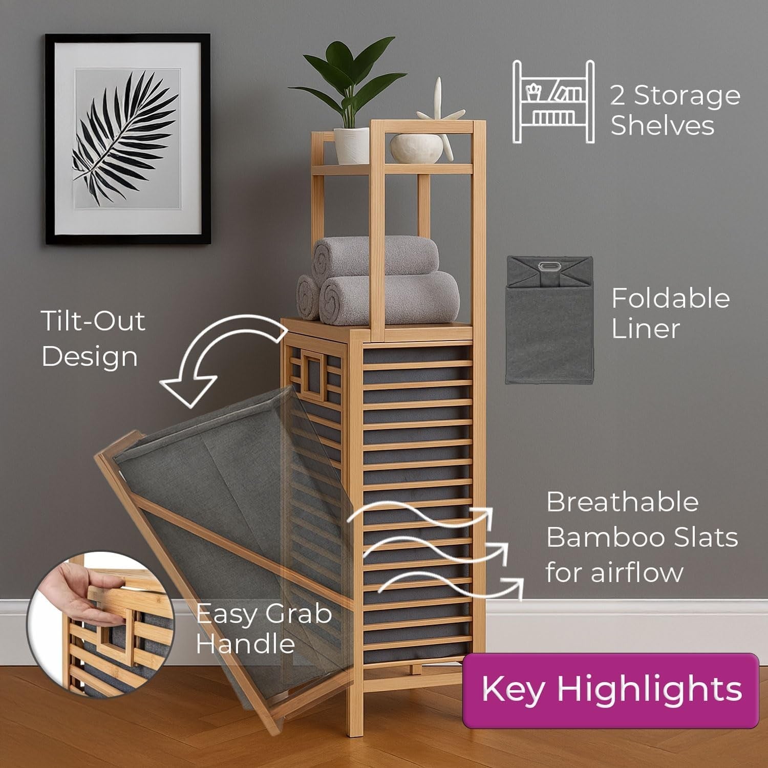 Bamboo Laundry Hamper Tilt Out Basket with Shelves Bathroom Storage Unit Descri
